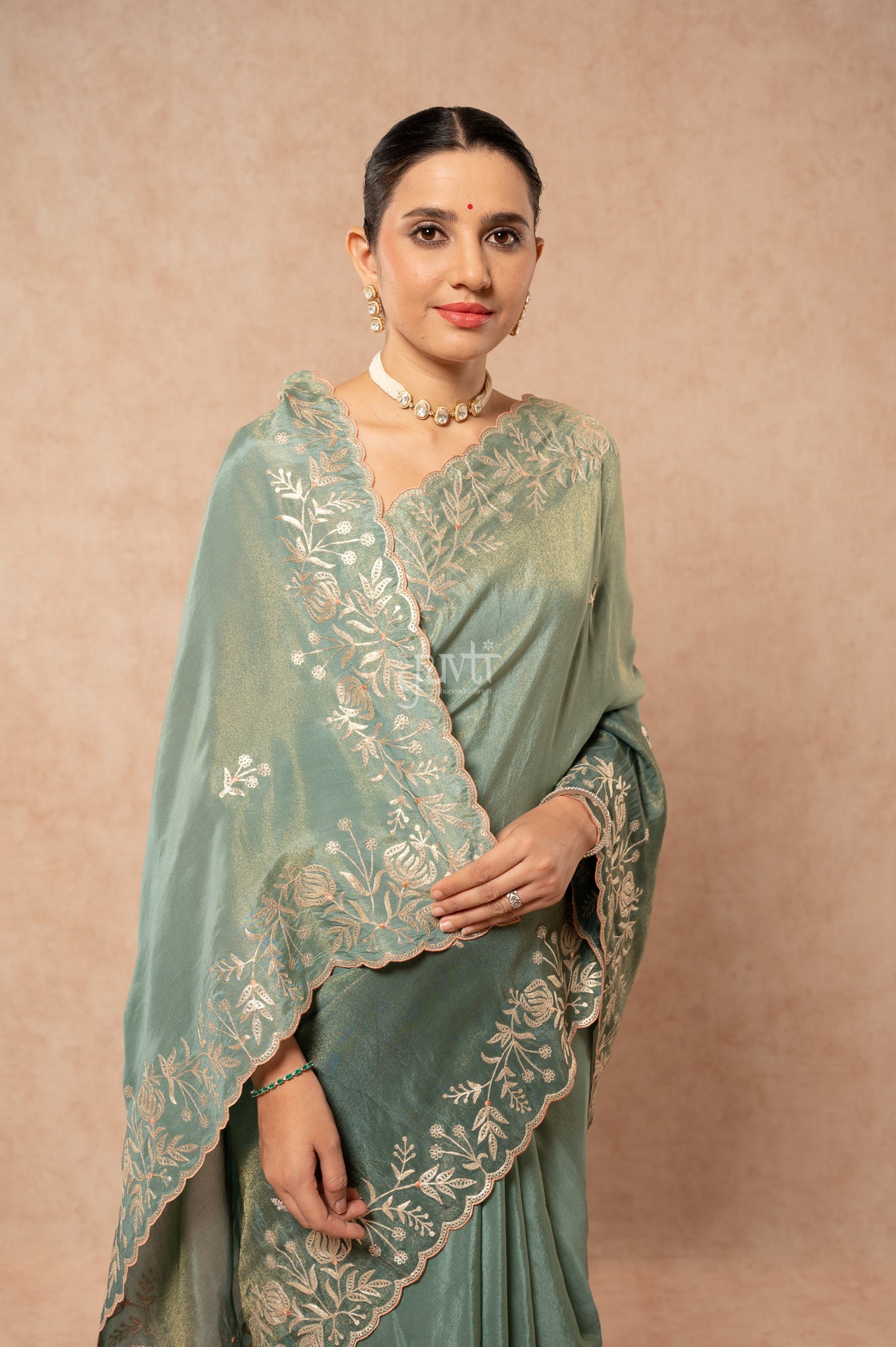 Mate Green Shaded Viscose Tissue Aari Border Motifs (Butti)   Saree