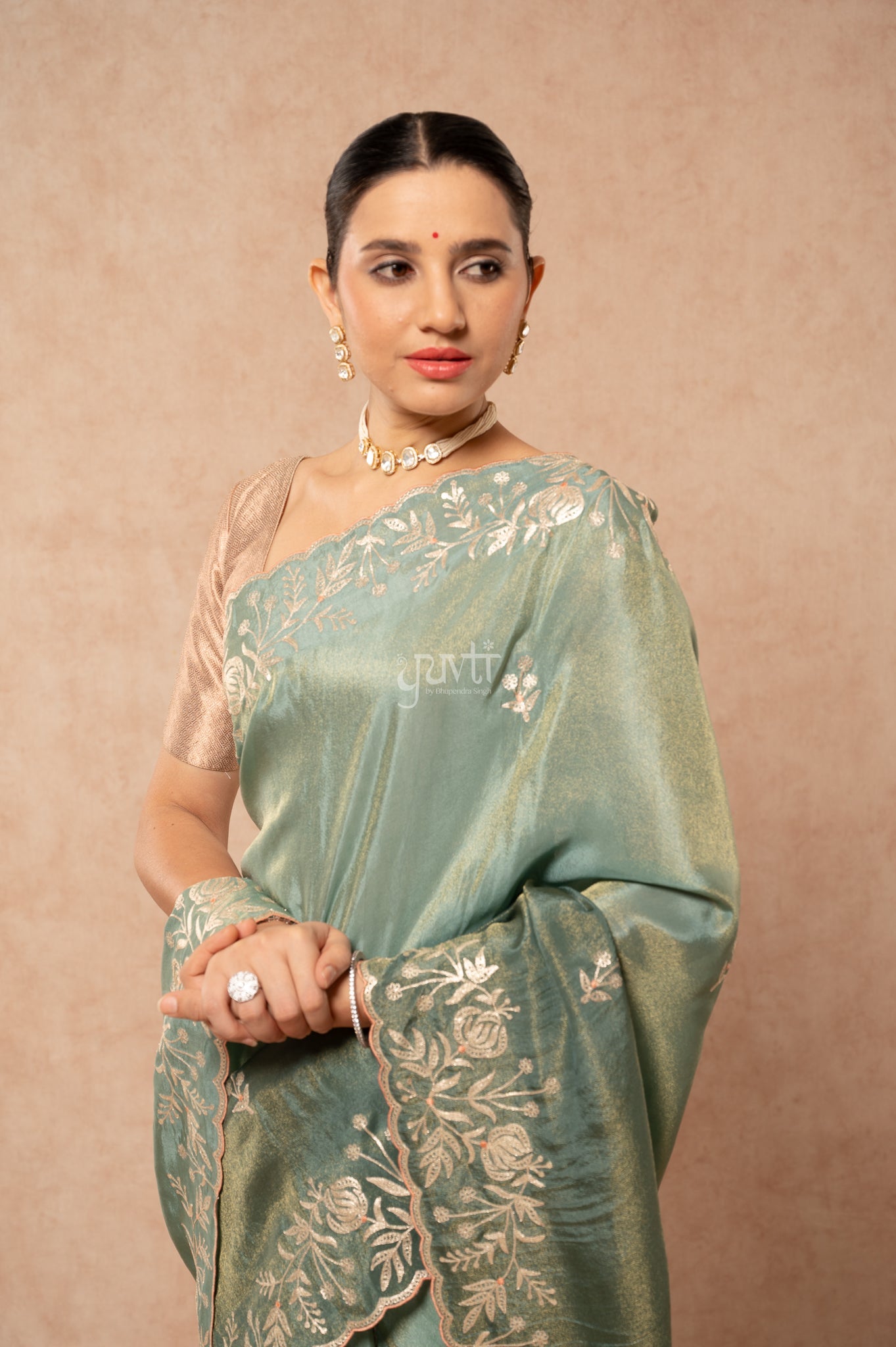 Mate Green Shaded Viscose Tissue Aari Border Motifs (Butti)   Saree