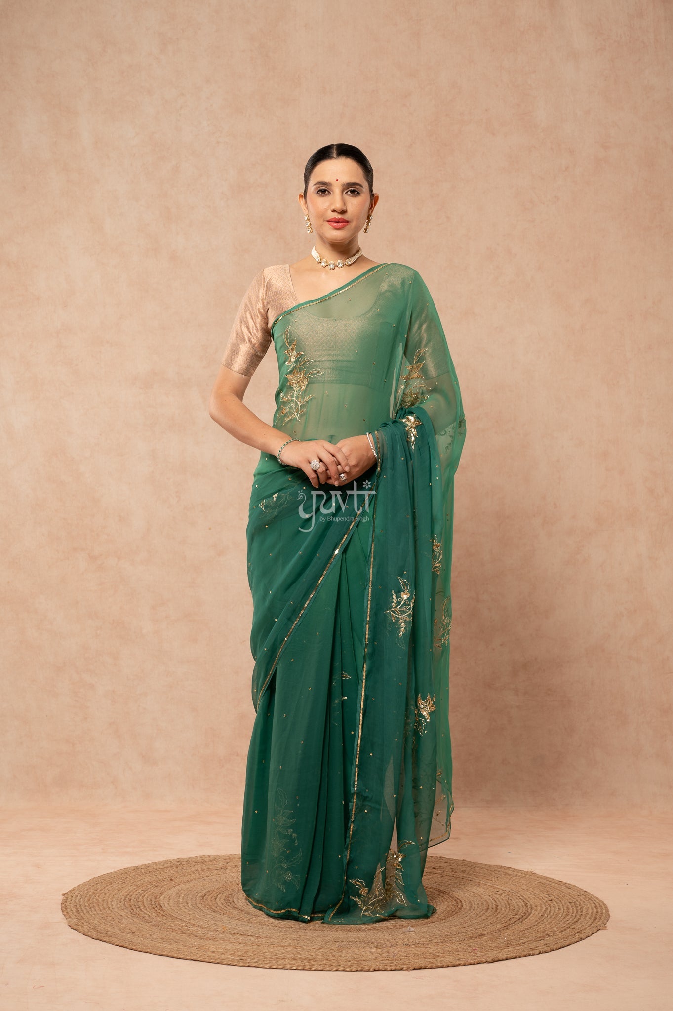 Green Shaded Viscose Chiffon Aari Sequins Motifs ( Butti ) Handwork  Saree