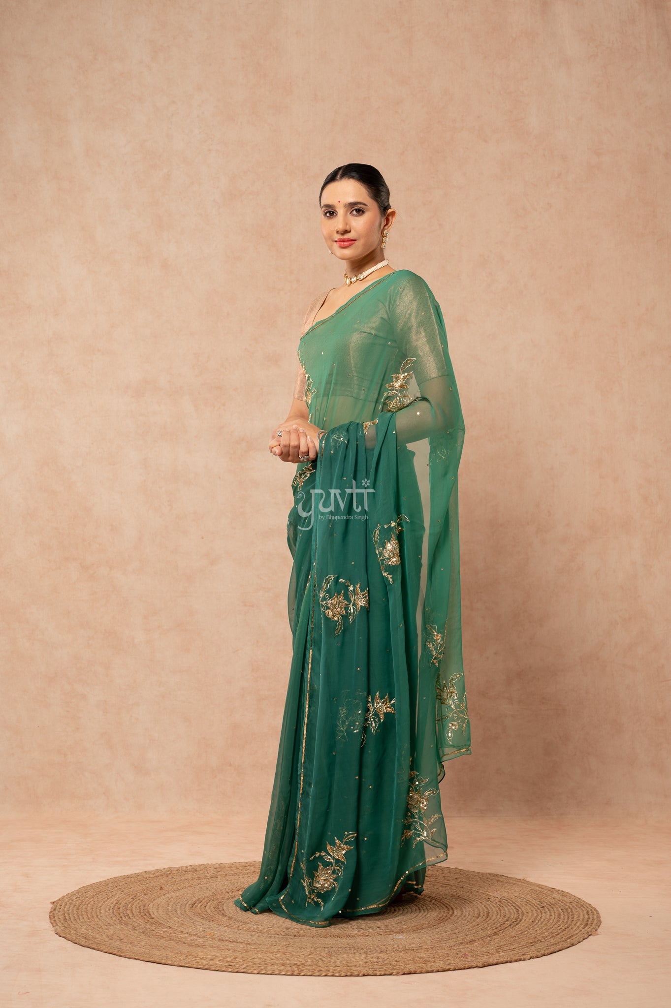 Green Shaded Viscose Chiffon Aari Sequins Motifs ( Butti ) Handwork  Saree