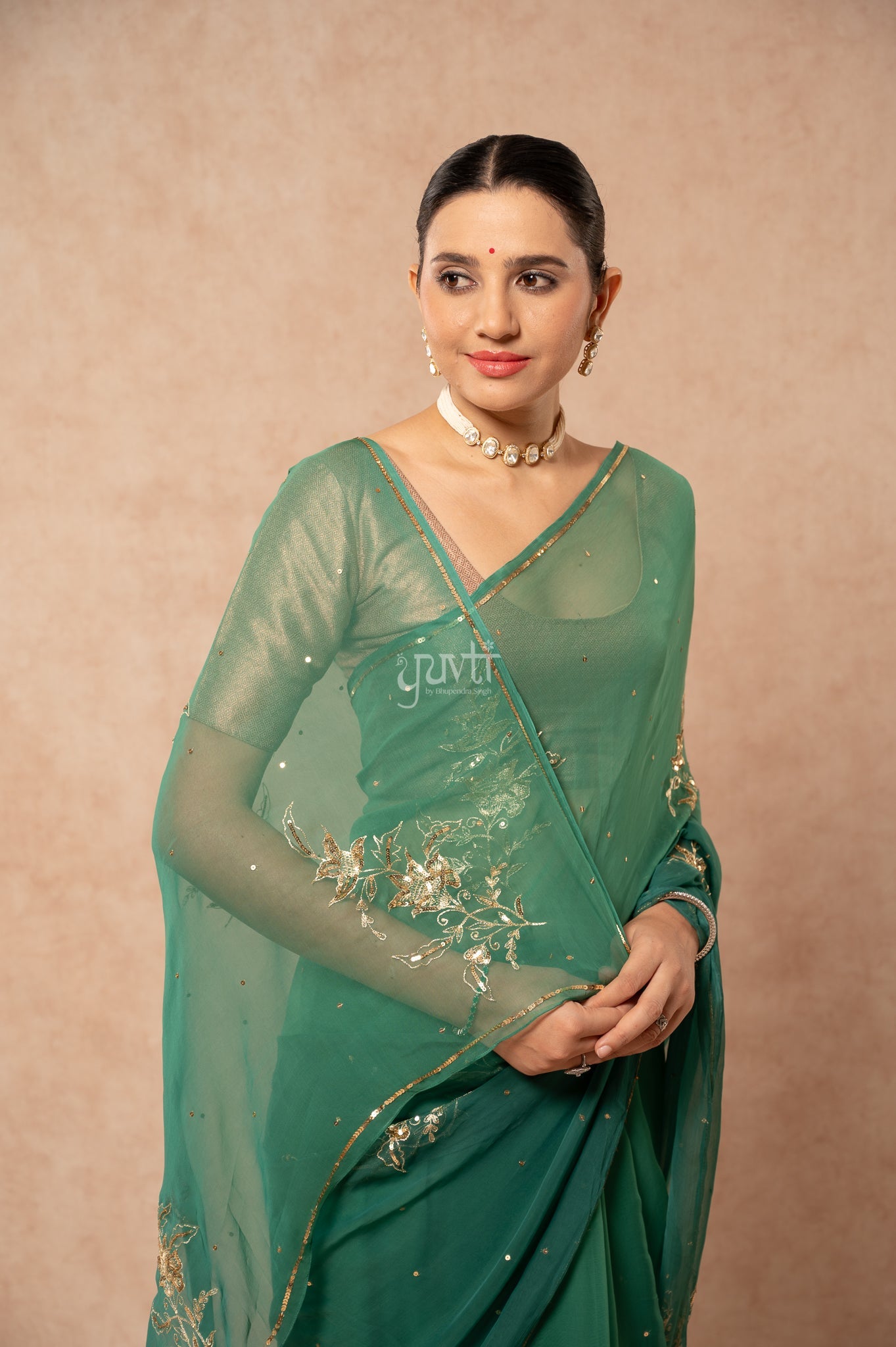 Green Shaded Viscose Chiffon Aari Sequins Motifs ( Butti ) Handwork  Saree