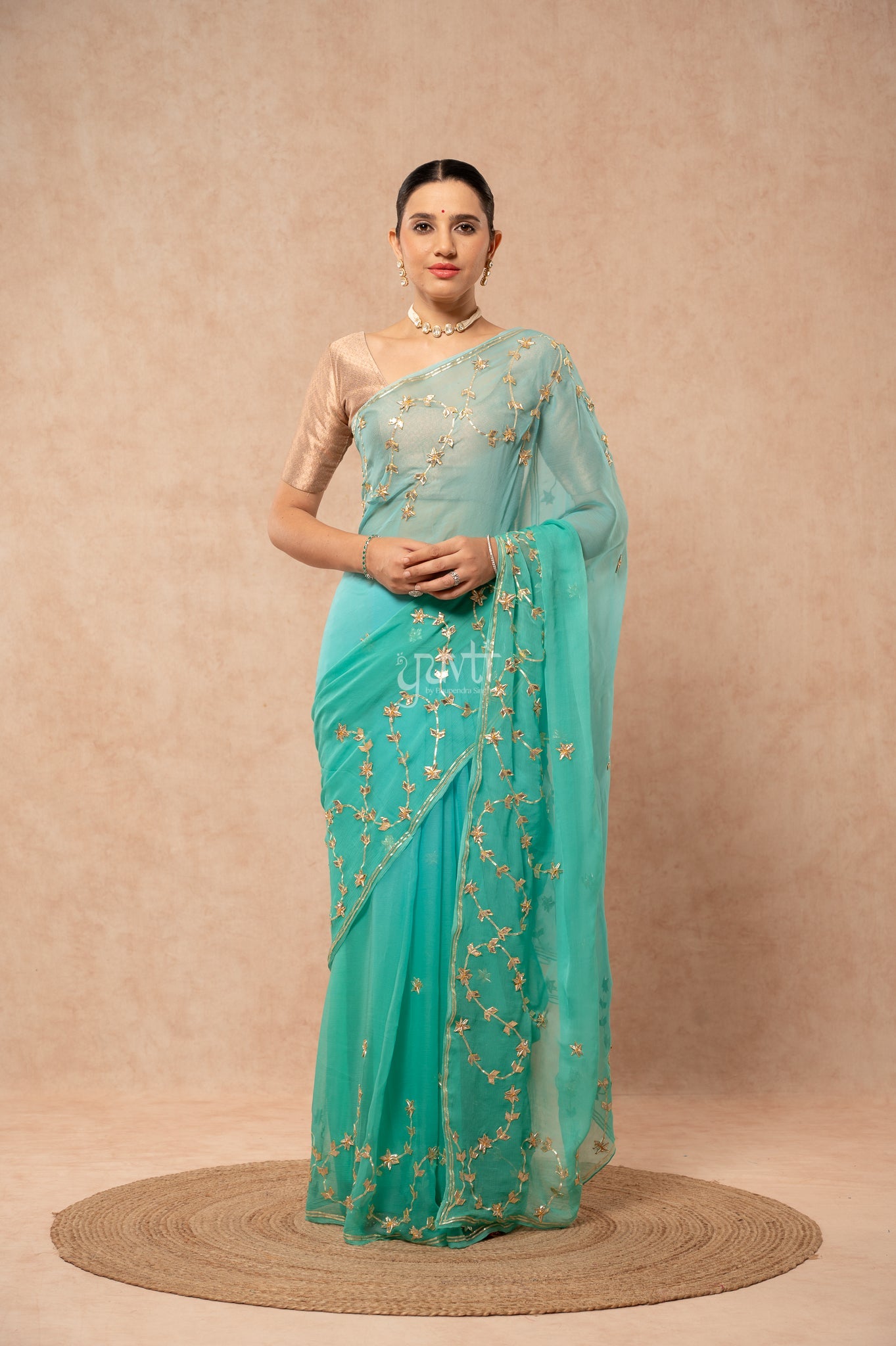 Rama Green Viscose Chiffon Sikhiya Gotta Patti Border & Motif (Butti)    Saree
