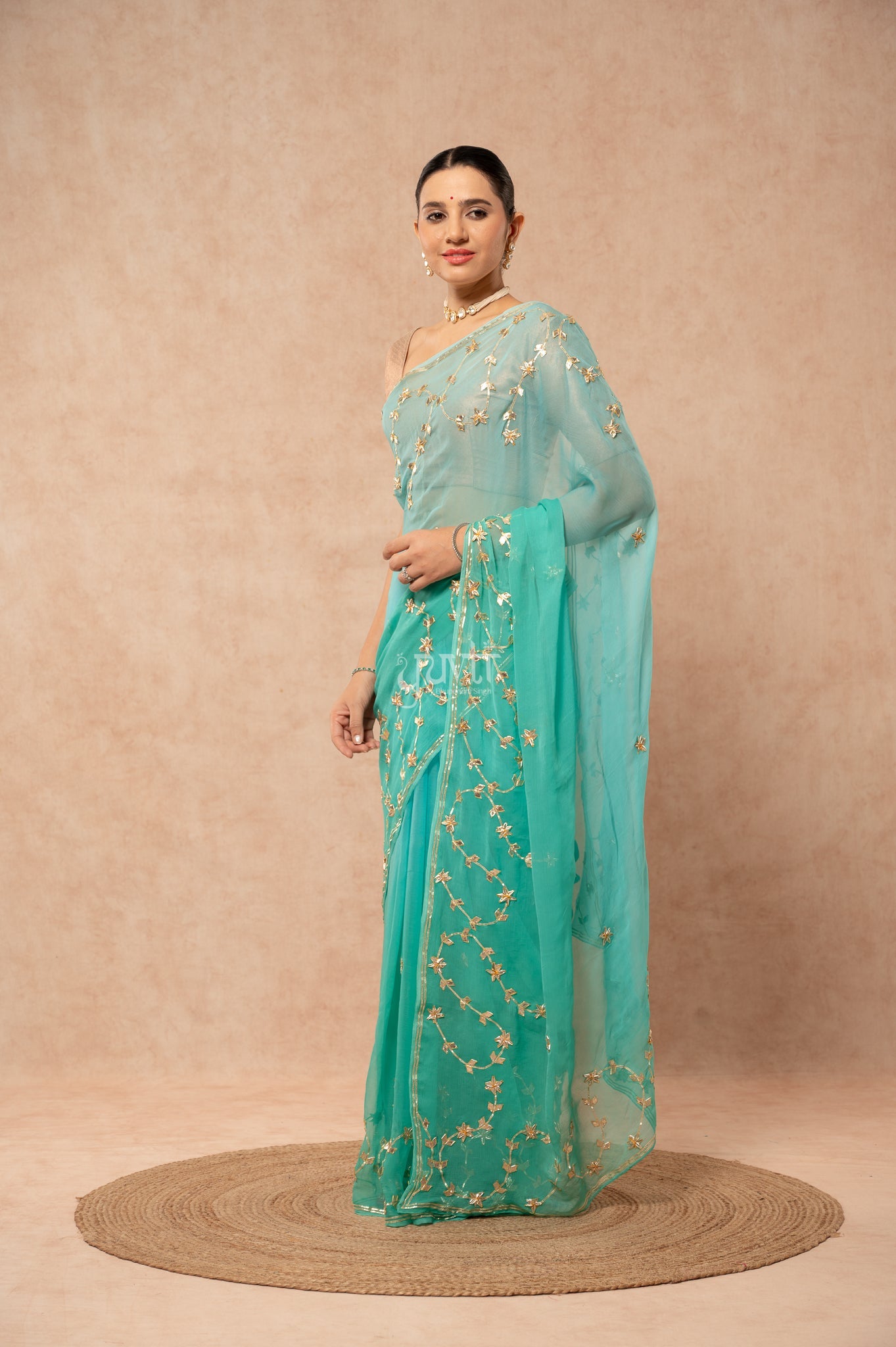 Rama Green Viscose Chiffon Sikhiya Gotta Patti Border & Motif (Butti)    Saree