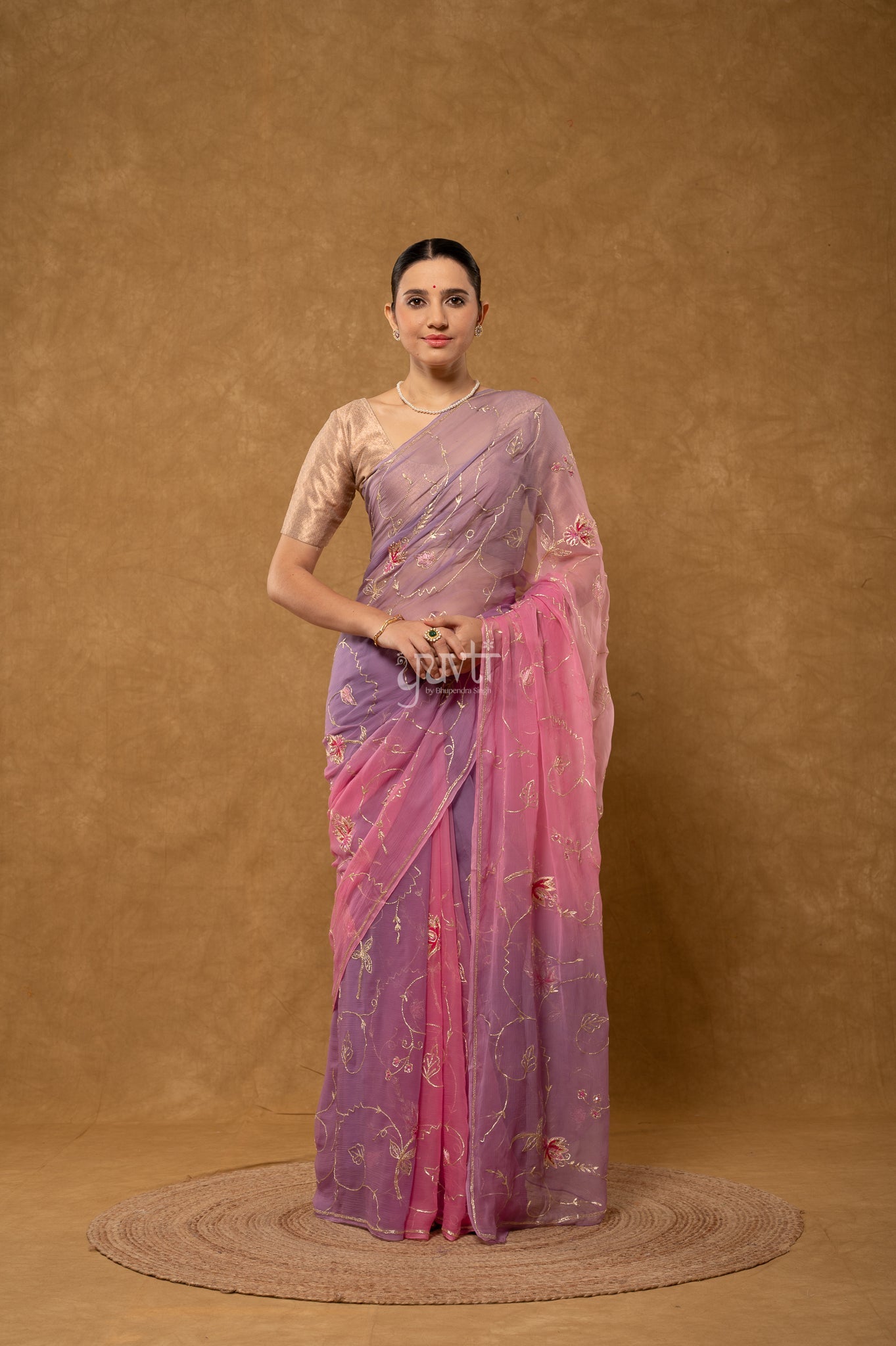 Grey Pink Viscose Chiffon Aari Sequins Kardana Handwork Party  Saree