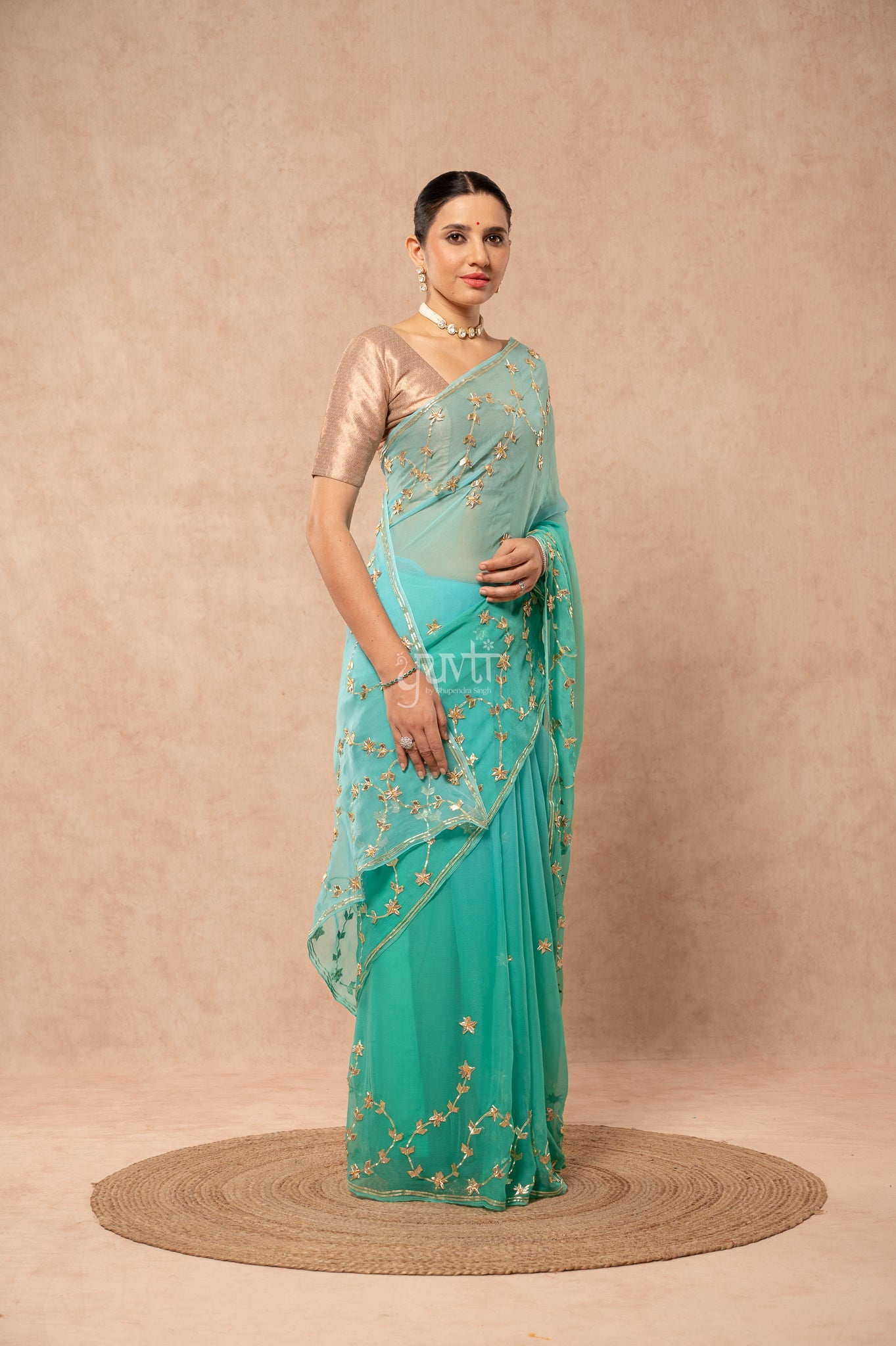Rama Green Viscose Chiffon Sikhiya Gotta Patti Border & Motif (Butti)    Saree