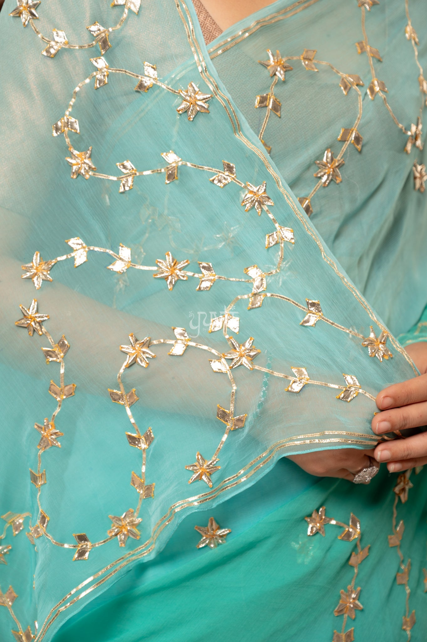 Rama Green Viscose Chiffon Sikhiya Gotta Patti Border & Motif (Butti)    Saree