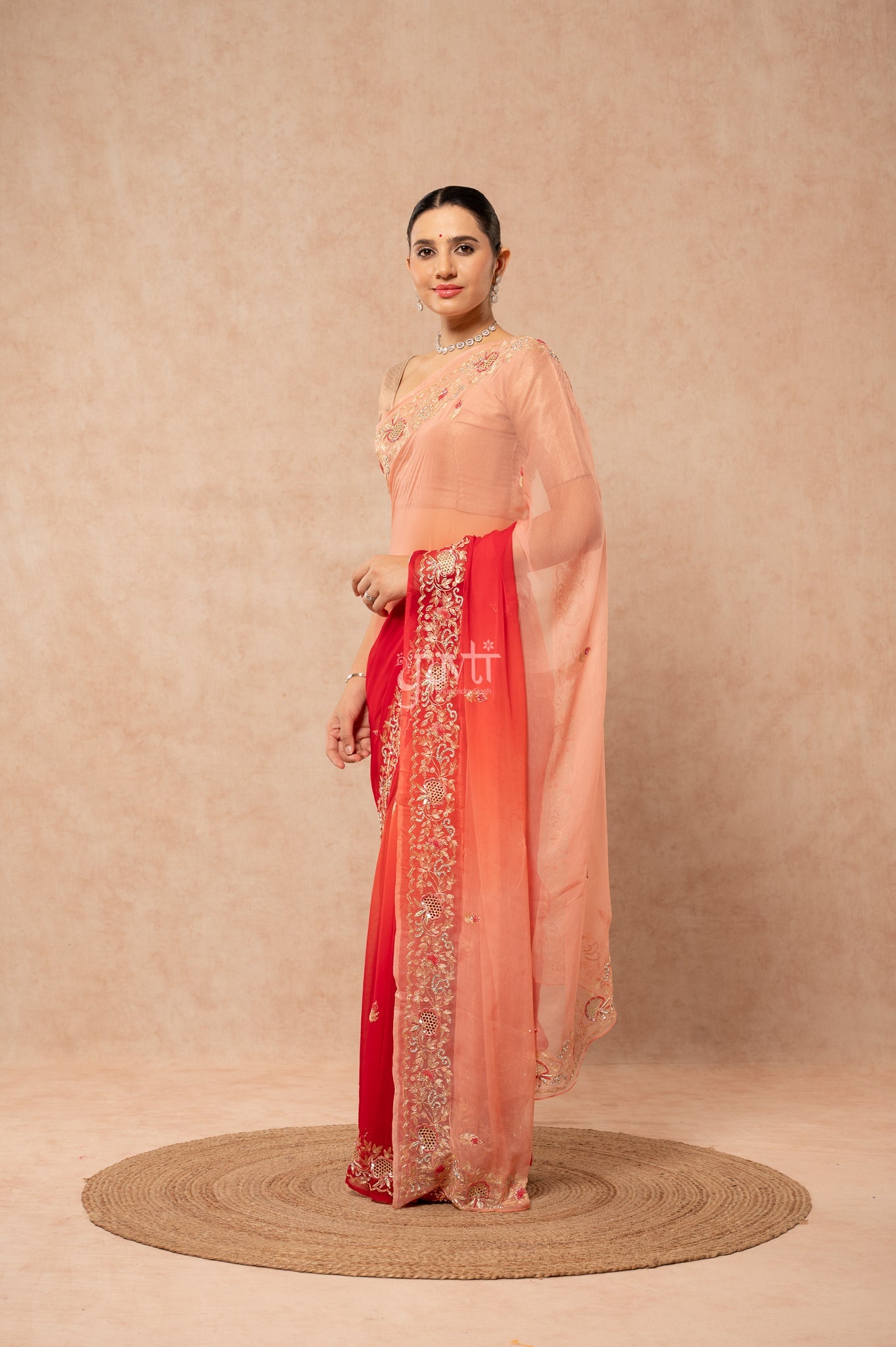 Peach Red Shaded Viscose Chiffon Aari Sequins Cutwork Border & (Butti) Handwork Party  Saree