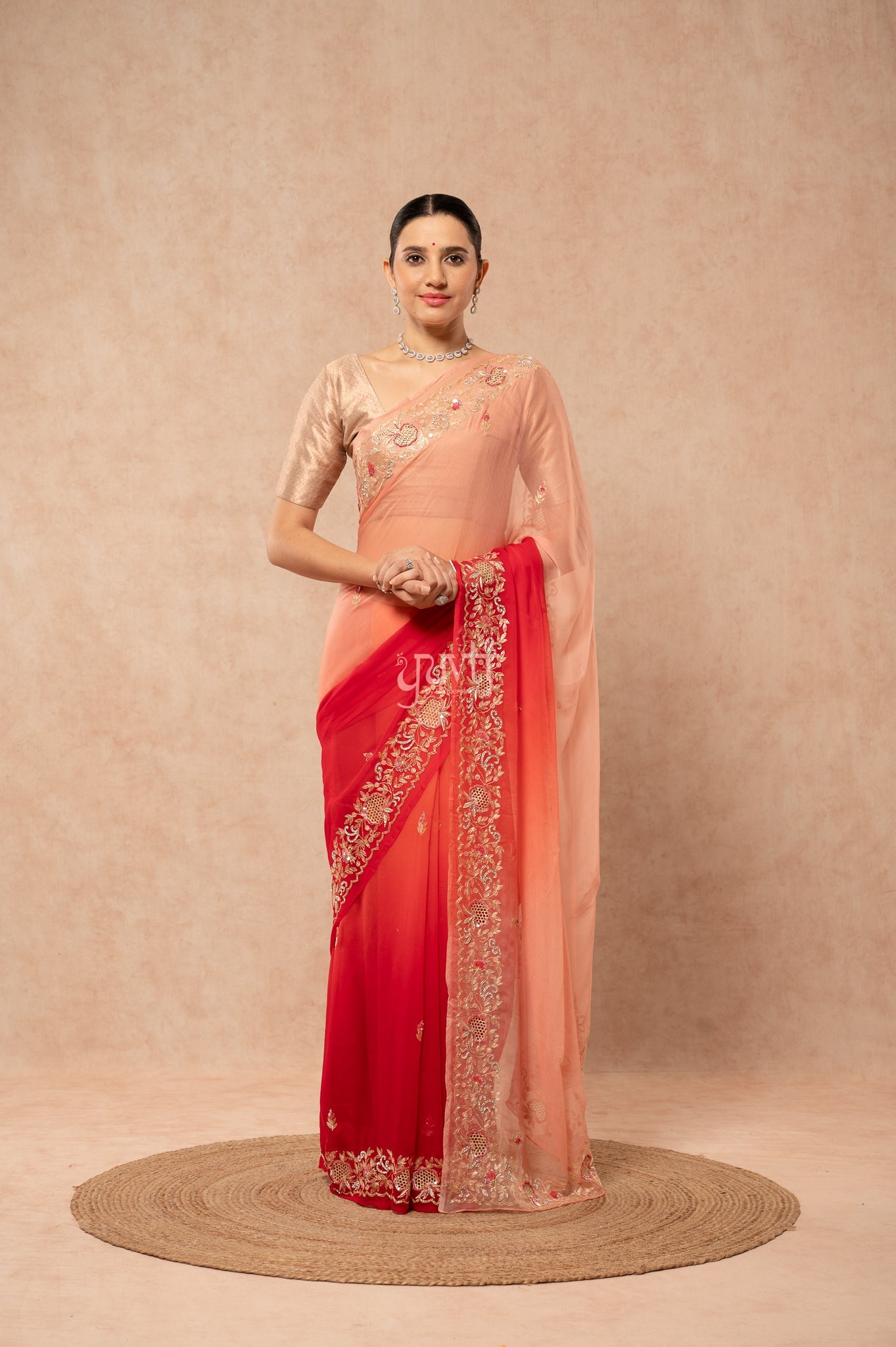 Peach Red Shaded Viscose Chiffon Aari Sequins Cutwork Border & (Butti) Handwork Party  Saree