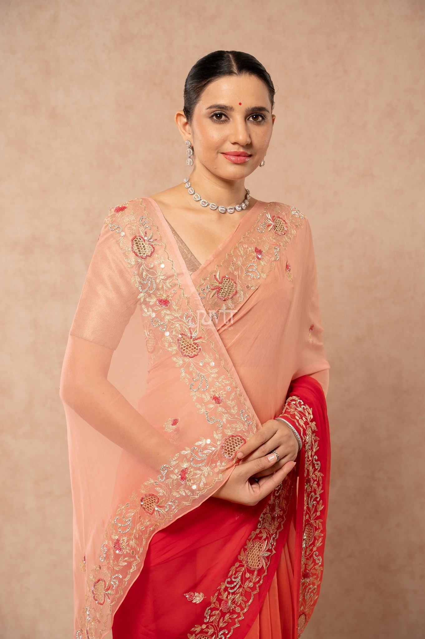 Peach Red Shaded Viscose Chiffon Aari Sequins Cutwork Border & (Butti) Handwork Party  Saree