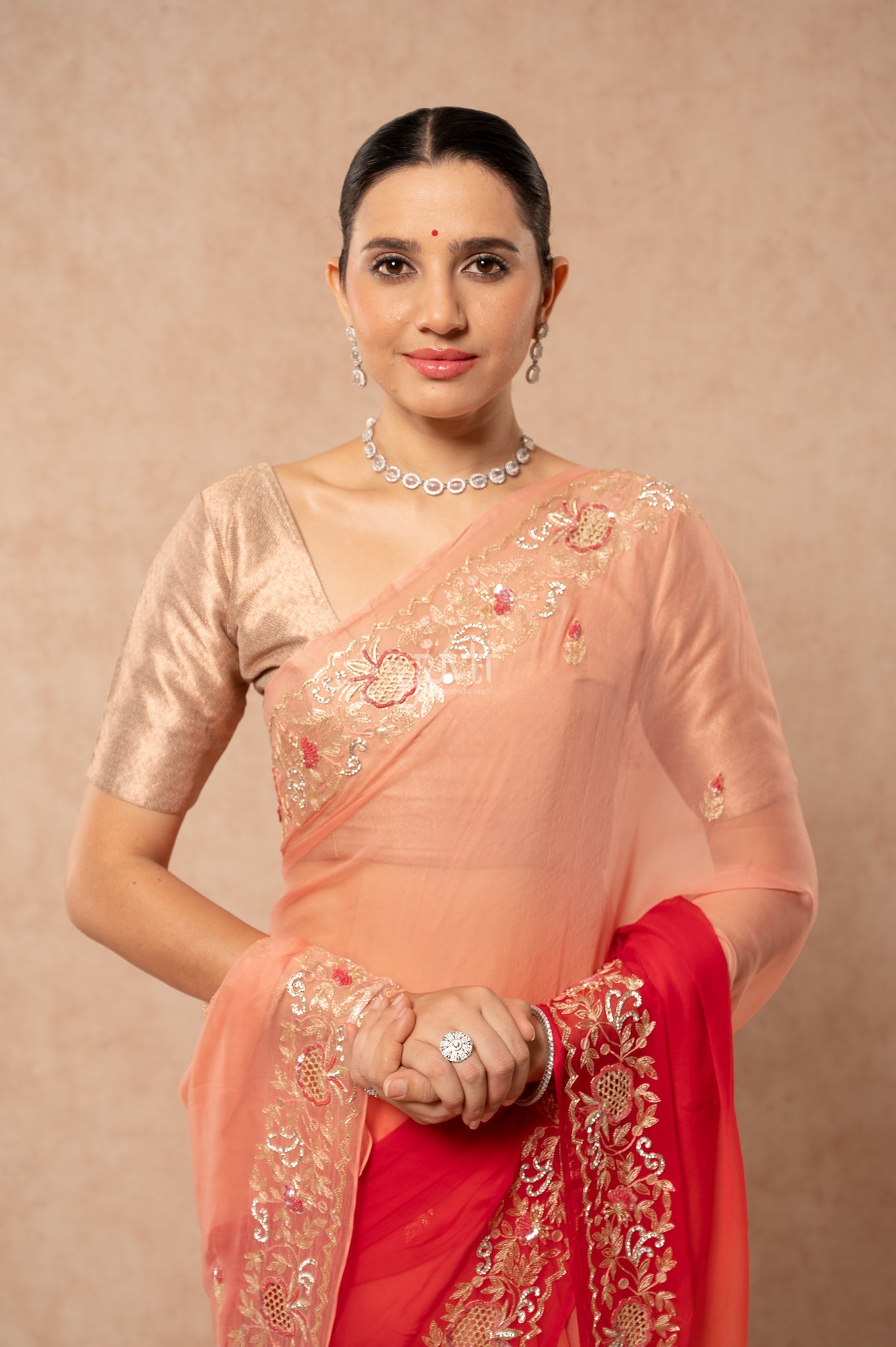 Peach Red Shaded Viscose Chiffon Aari Sequins Cutwork Border & (Butti) Handwork Party  Saree
