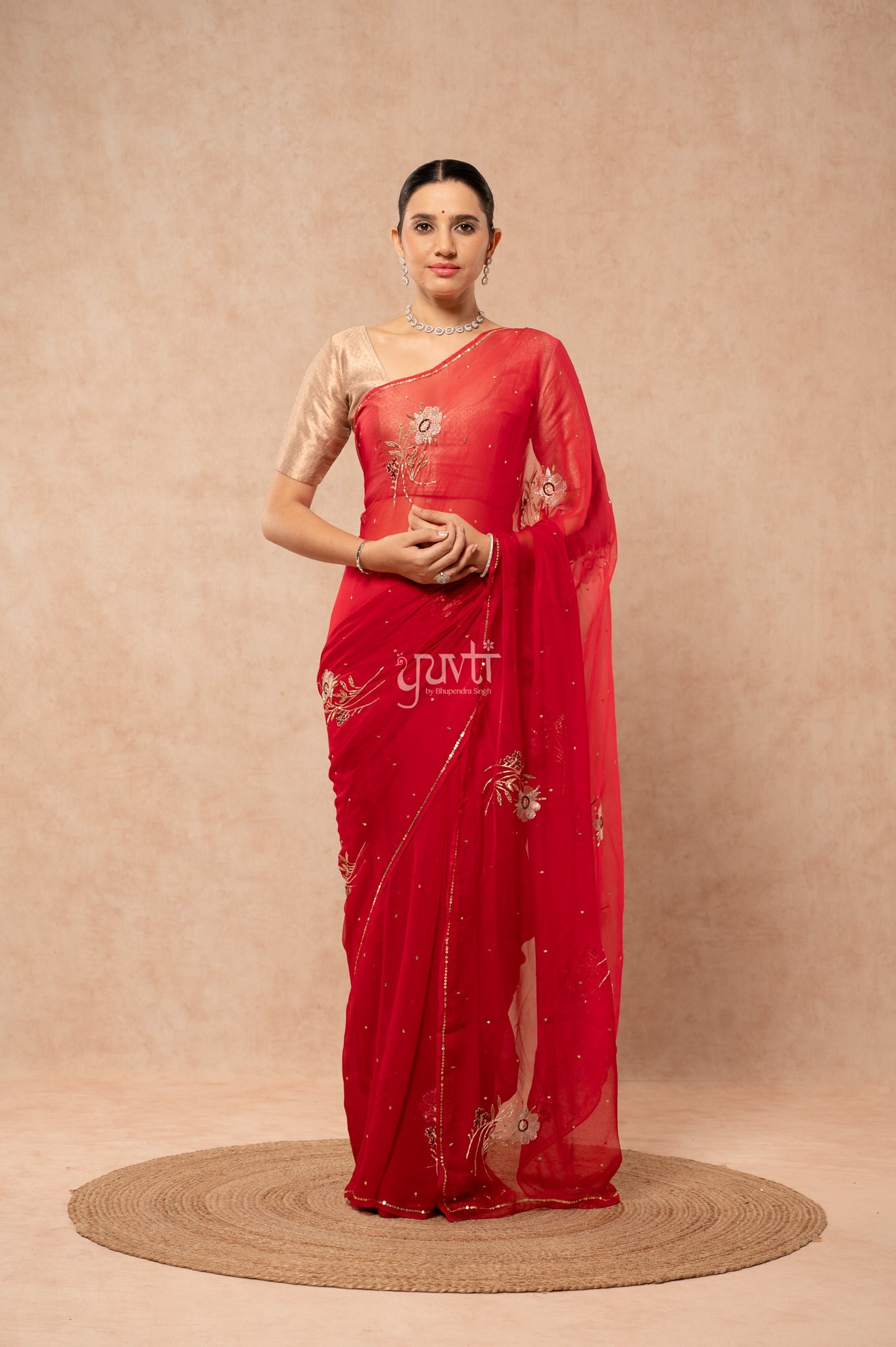 Red Shaded Viscose Chiffon Aari Sequins Motifs ( Butti ) Handwork  Saree