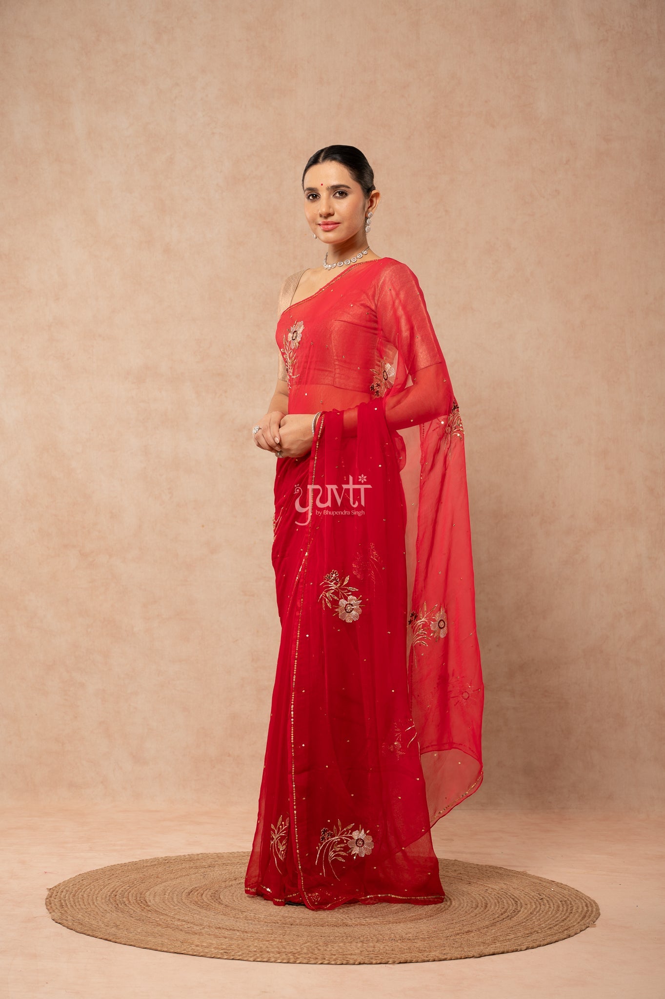 Red Shaded Viscose Chiffon Aari Sequins Motifs ( Butti ) Handwork  Saree