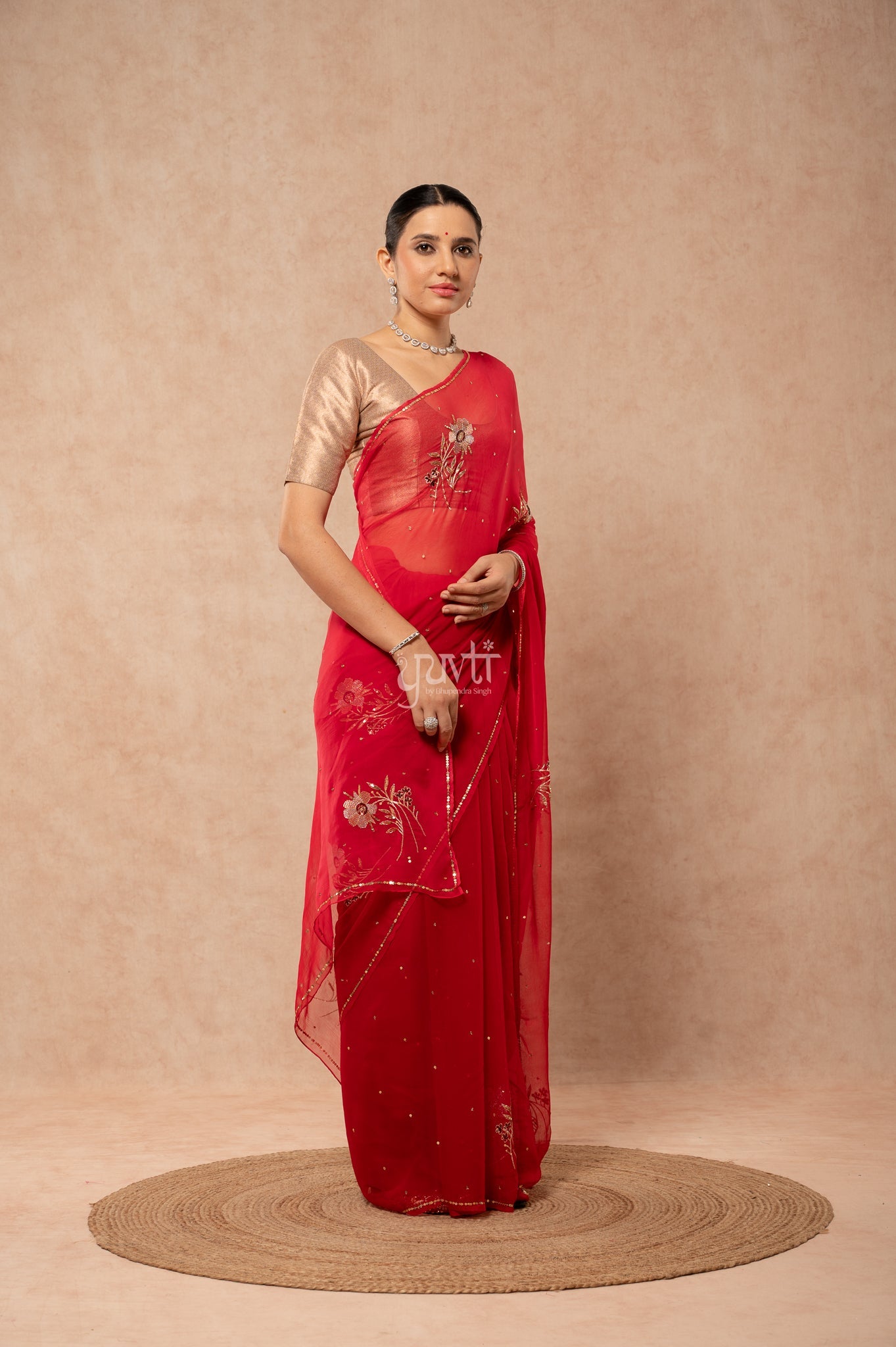 Red Shaded Viscose Chiffon Aari Sequins Motifs ( Butti ) Handwork  Saree