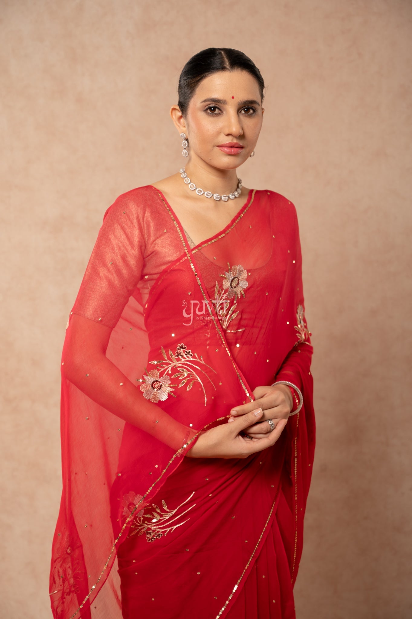Red Shaded Viscose Chiffon Aari Sequins Motifs ( Butti ) Handwork  Saree