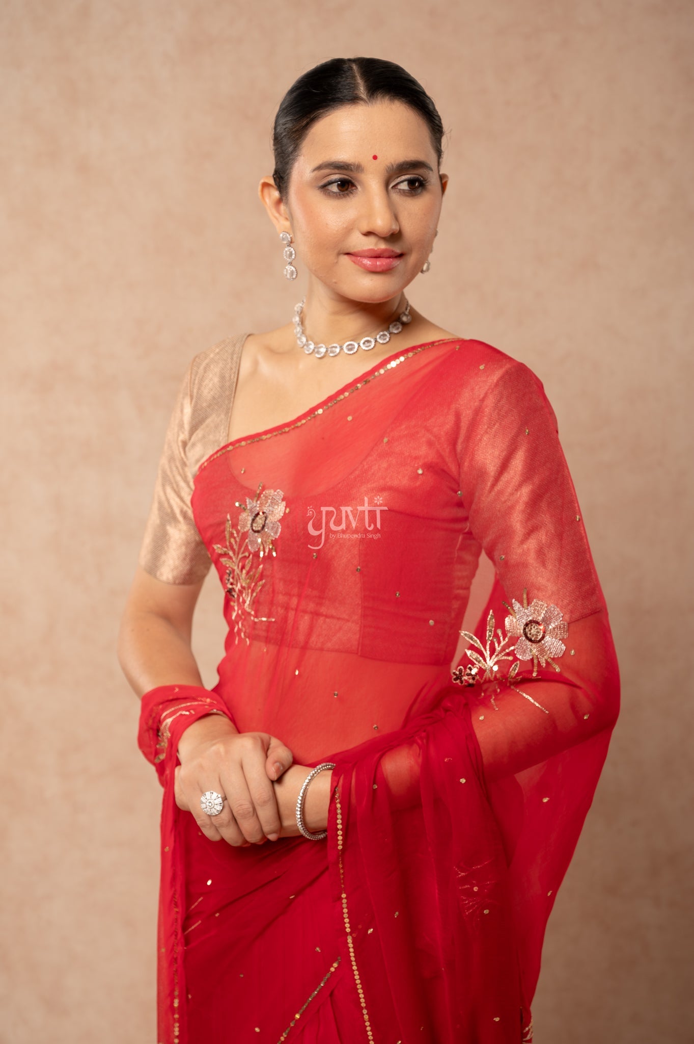 Red Shaded Viscose Chiffon Aari Sequins Motifs ( Butti ) Handwork  Saree