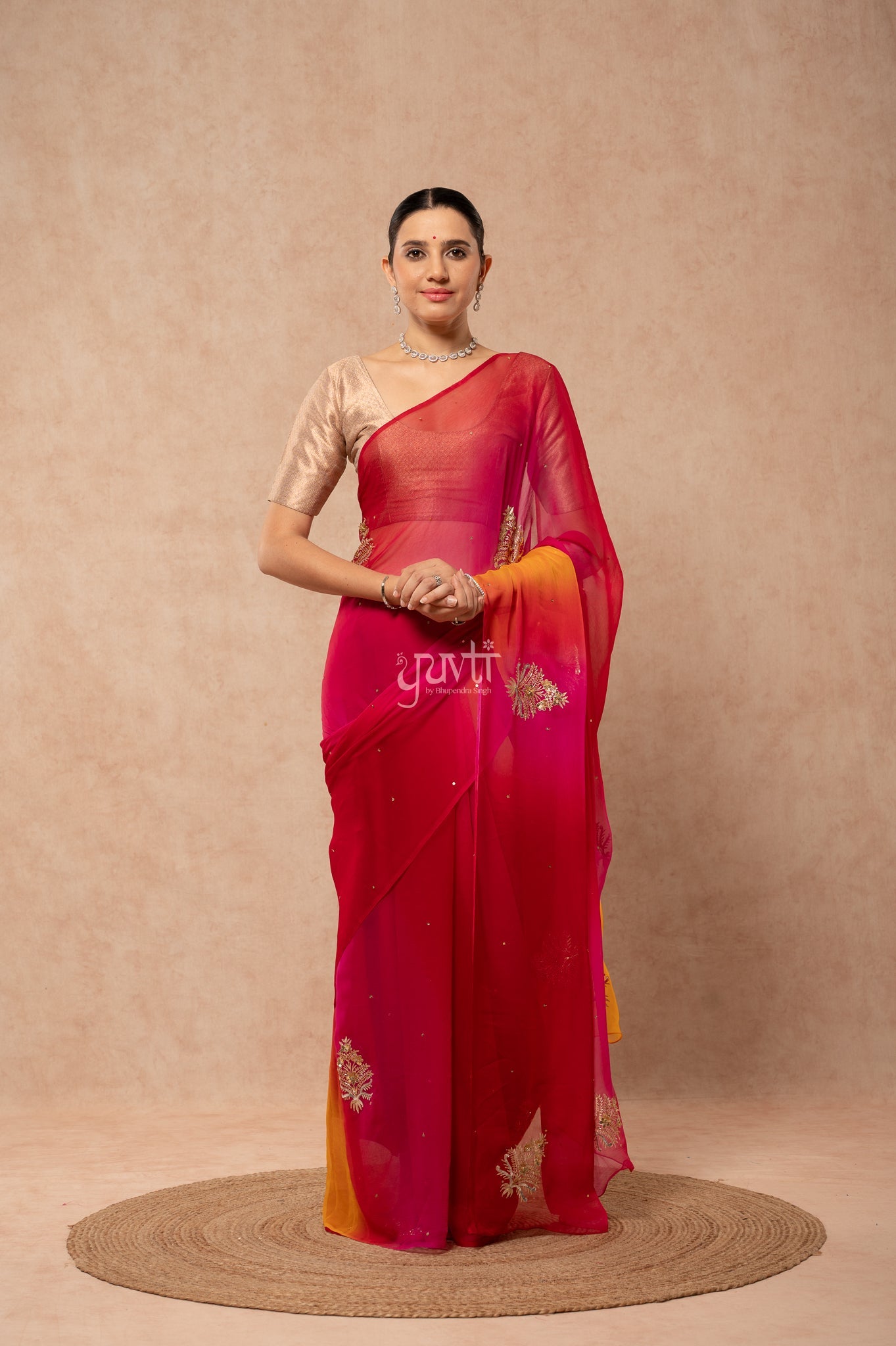 Yellow Rani Red Multi Viscose Chiffon Aari Sequins Kardana Motifs ( Butti ) Handwork  Saree