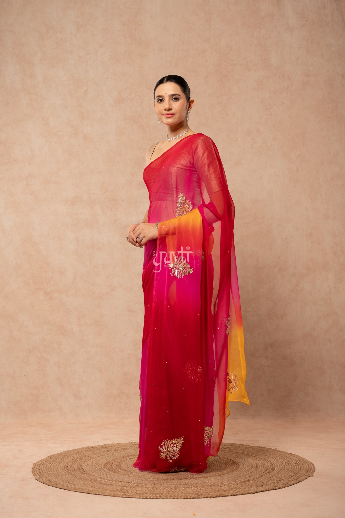 Yellow Rani Red Multi Viscose Chiffon Aari Sequins Kardana Motifs ( Butti ) Handwork  Saree