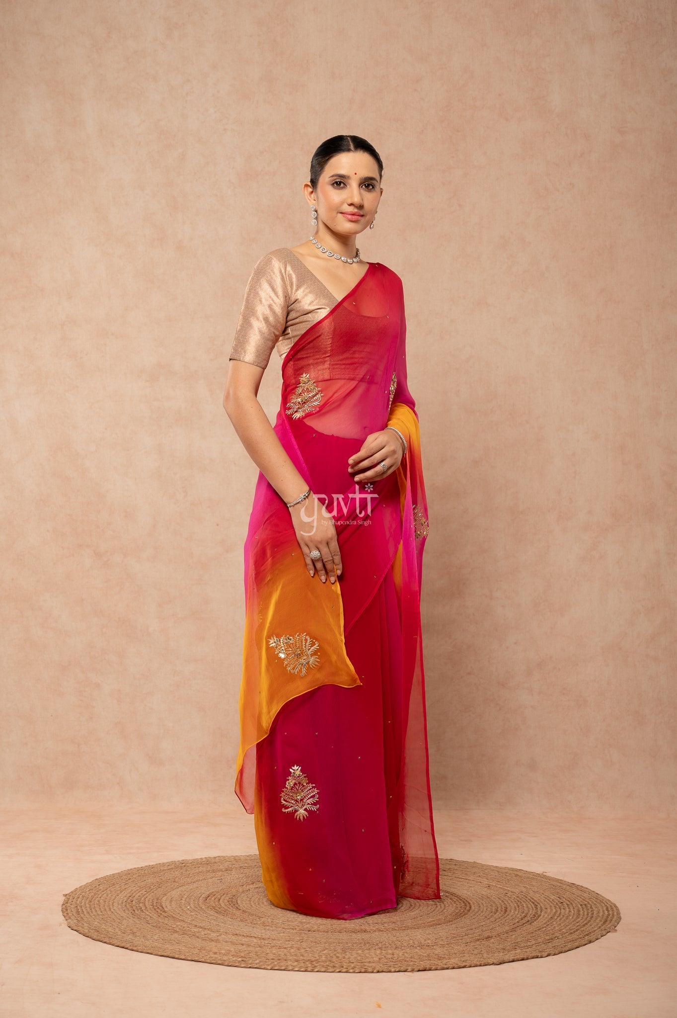 Yellow Rani Red Multi Viscose Chiffon Aari Sequins Kardana Motifs ( Butti ) Handwork  Saree