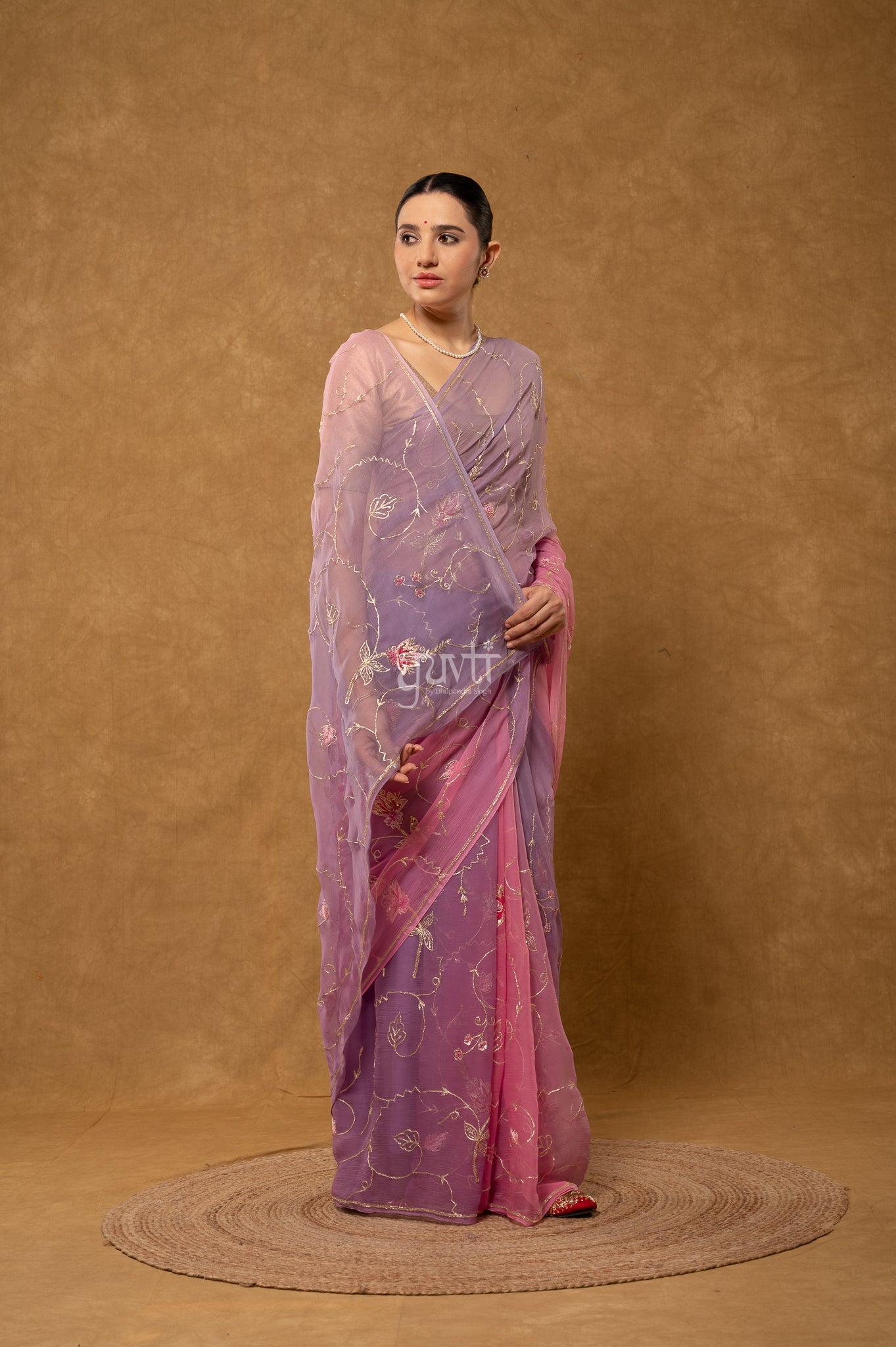 Grey Pink Viscose Chiffon Aari Sequins Kardana Handwork Party  Saree