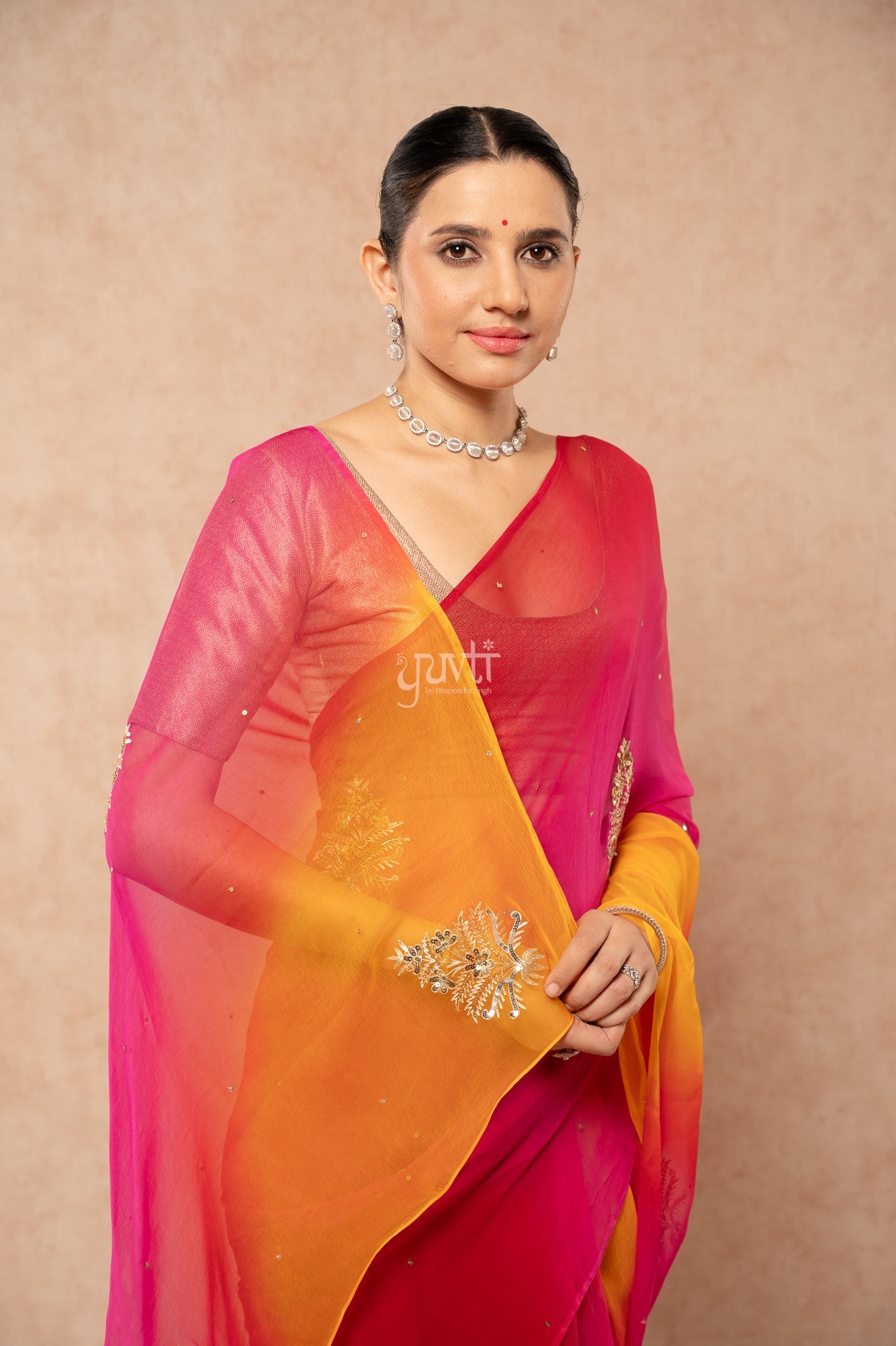 Yellow Rani Red Multi Viscose Chiffon Aari Sequins Kardana Motifs ( Butti ) Handwork  Saree