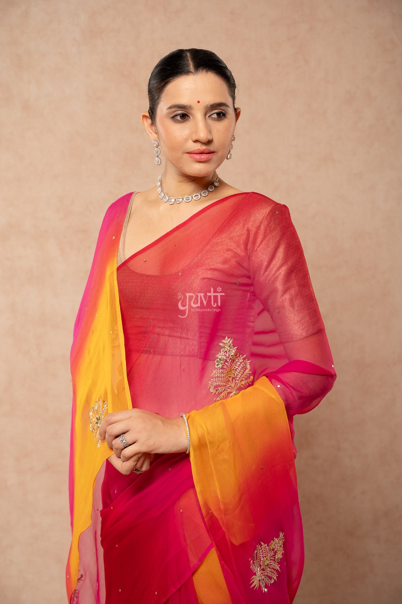 Yellow Rani Red Multi Viscose Chiffon Aari Sequins Kardana Motifs ( Butti ) Handwork  Saree