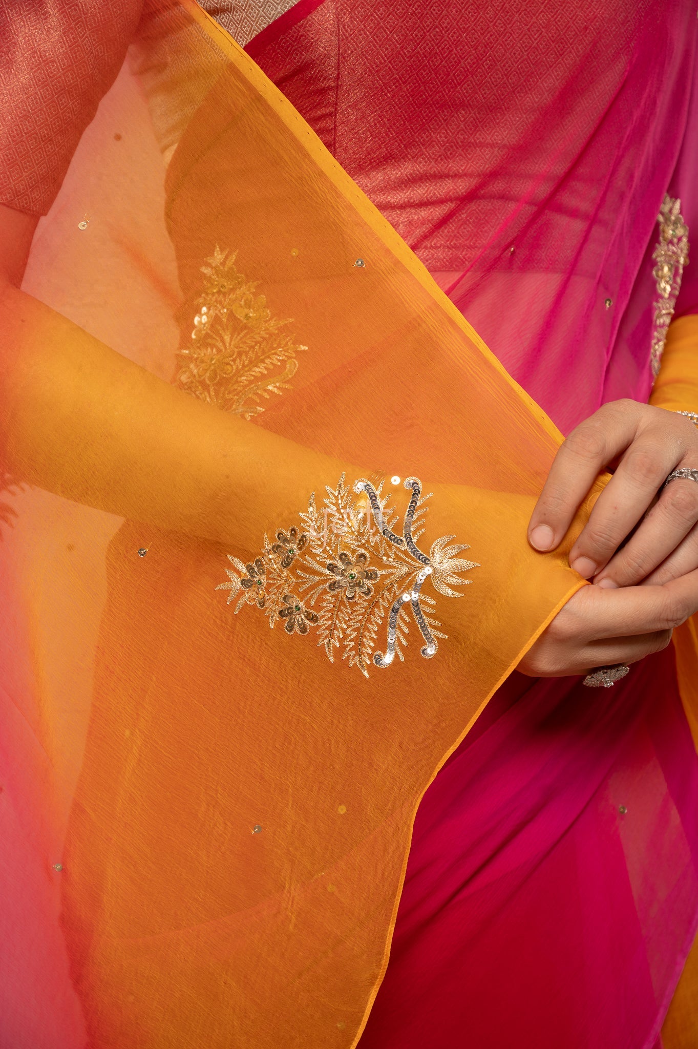 Yellow Rani Red Multi Viscose Chiffon Aari Sequins Kardana Motifs ( Butti ) Handwork  Saree