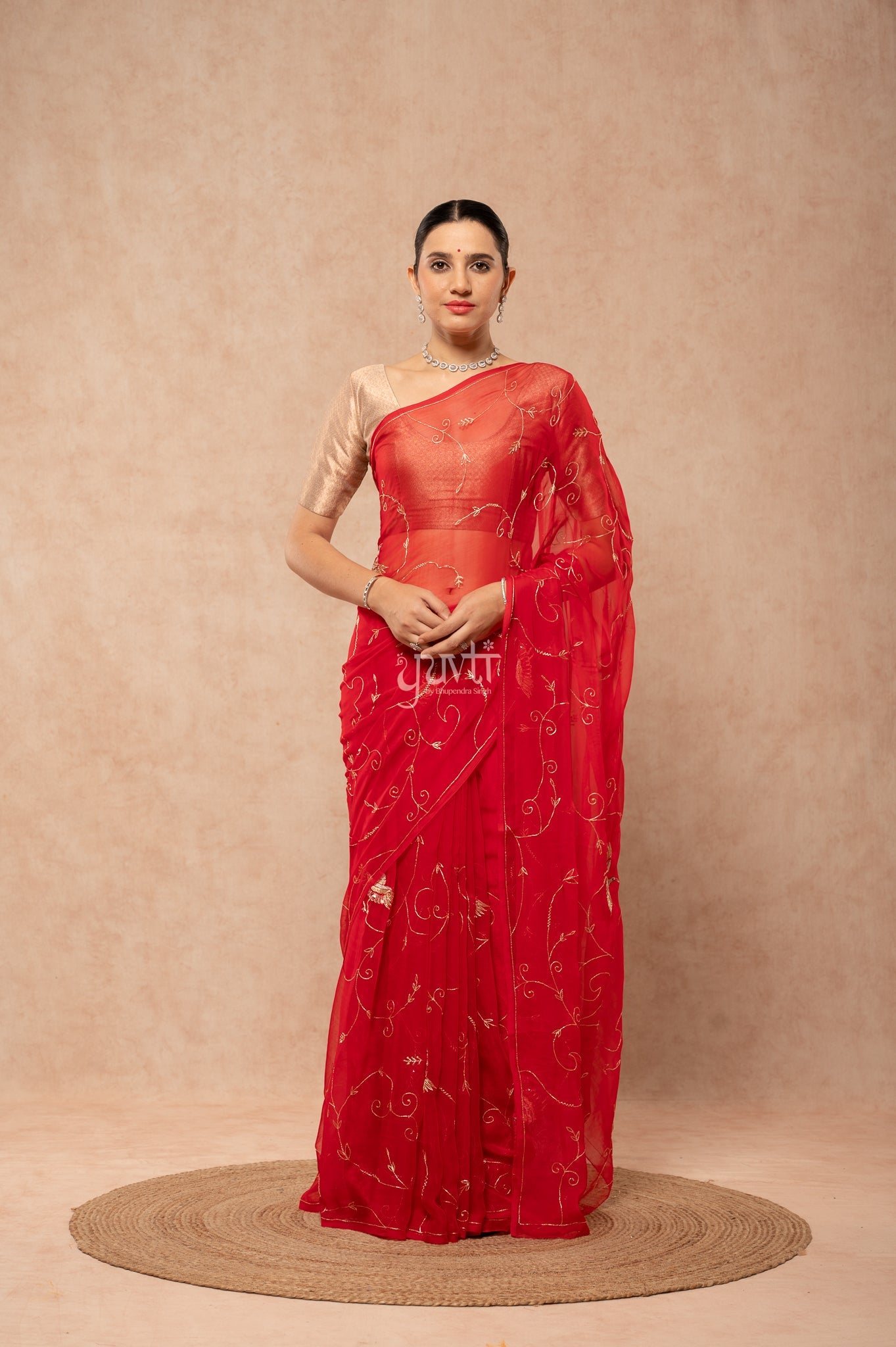 Red Viscose Chiffon Aari Sequins Resham Jaal & Bird Motif (Butti) Handwork  Saree  with Blouse
