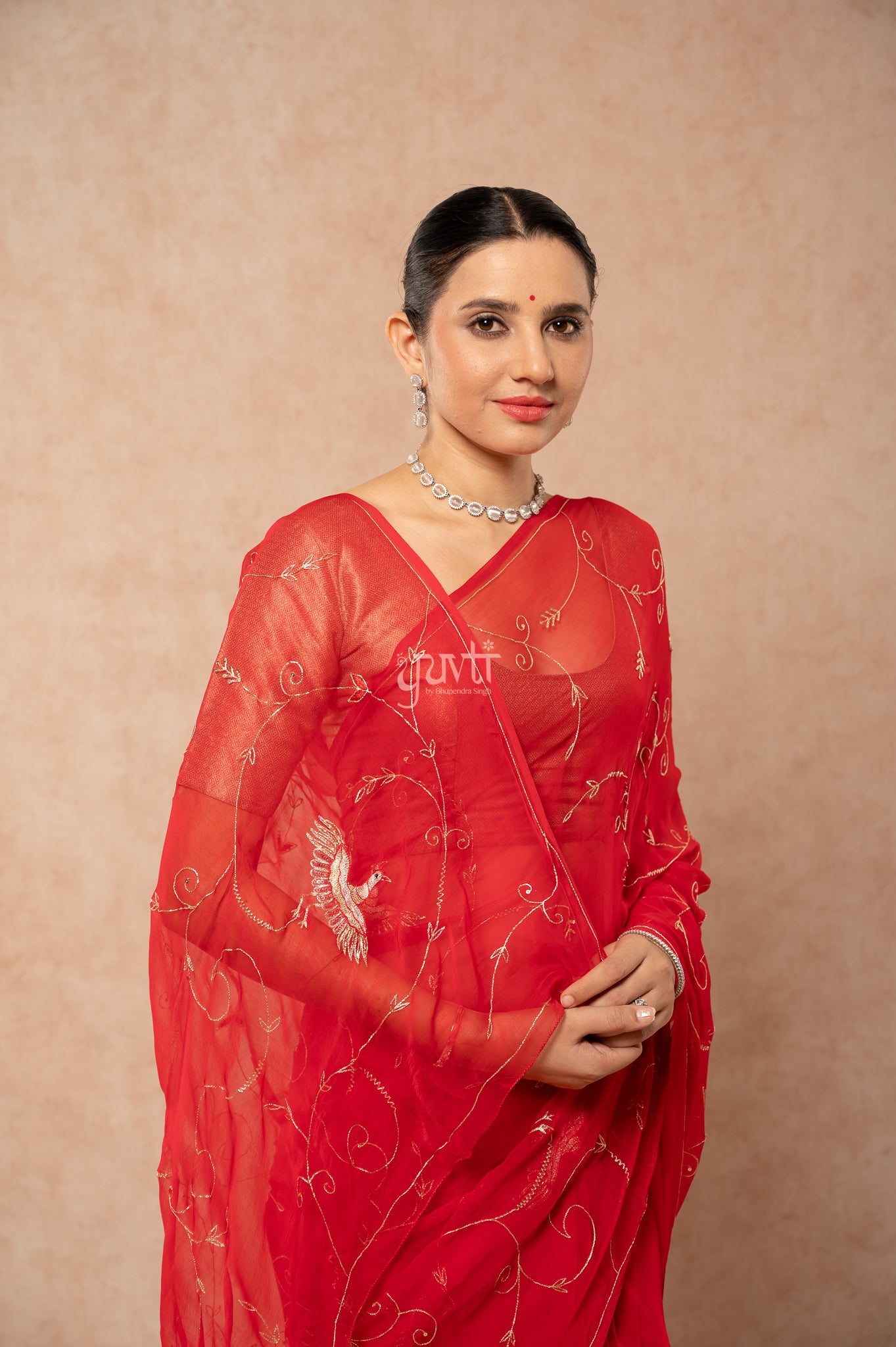 Red Viscose Chiffon Aari Sequins Resham Jaal & Bird Motif (Butti) Handwork  Saree  with Blouse