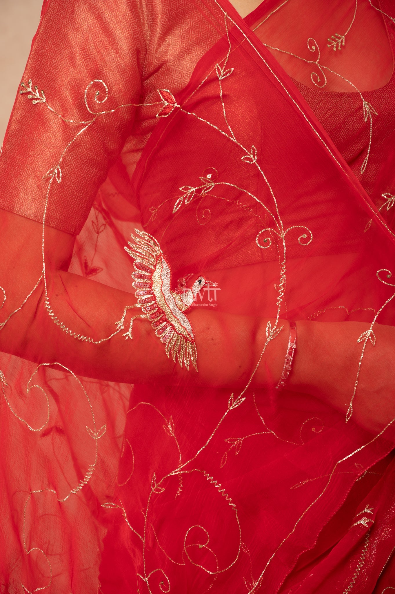 Red Viscose Chiffon Aari Sequins Resham Jaal & Bird Motif (Butti) Handwork  Saree  with Blouse