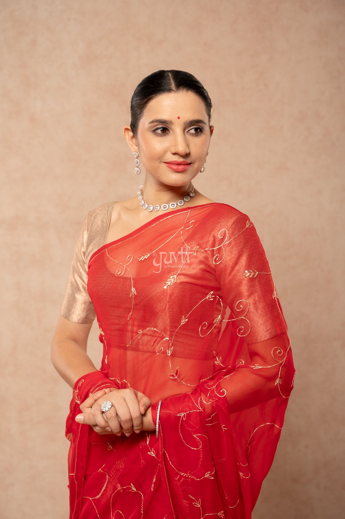 Red Viscose Chiffon Aari Sequins Resham Jaal & Bird Motif (Butti) Handwork  Saree  with Blouse