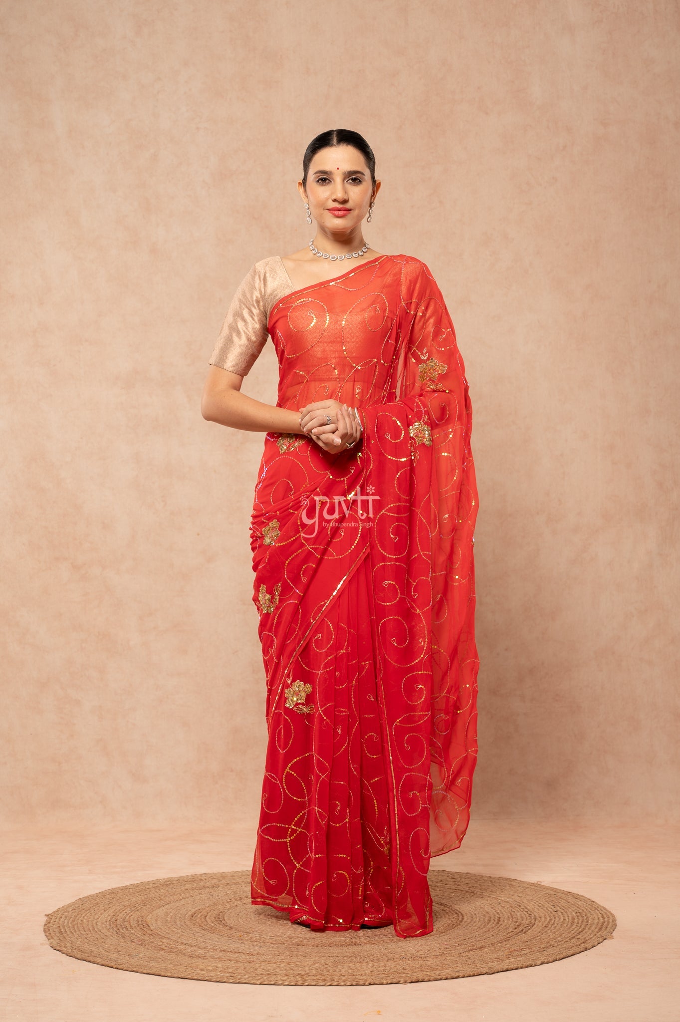Red Viscose Chiffon Sequins Jaal  Handwork  Saree  with Blouse