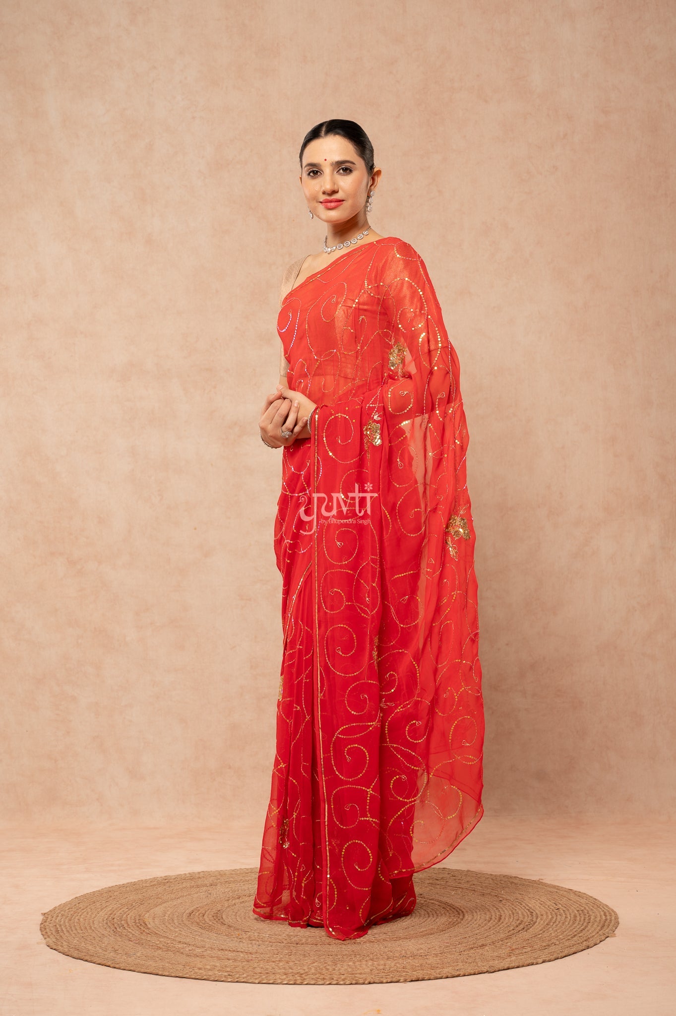 Red Viscose Chiffon Sequins Jaal  Handwork  Saree  with Blouse