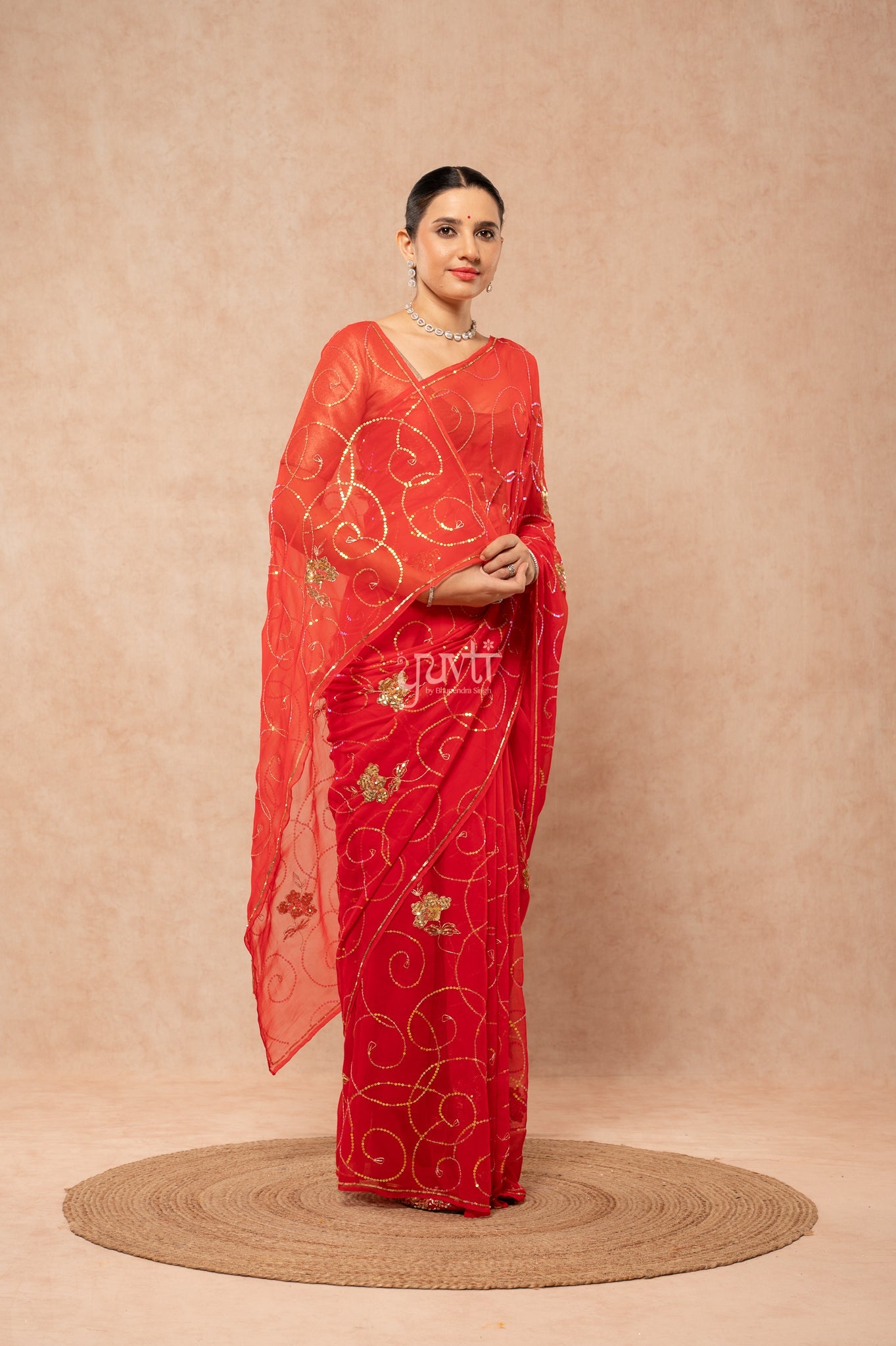 Red Viscose Chiffon Sequins Jaal  Handwork  Saree  with Blouse