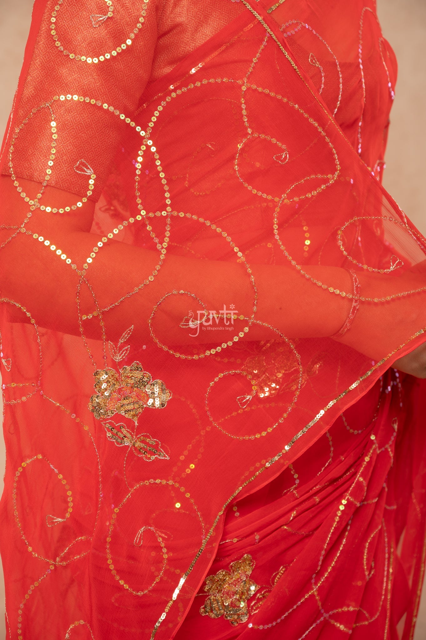 Red Viscose Chiffon Sequins Jaal  Handwork  Saree  with Blouse