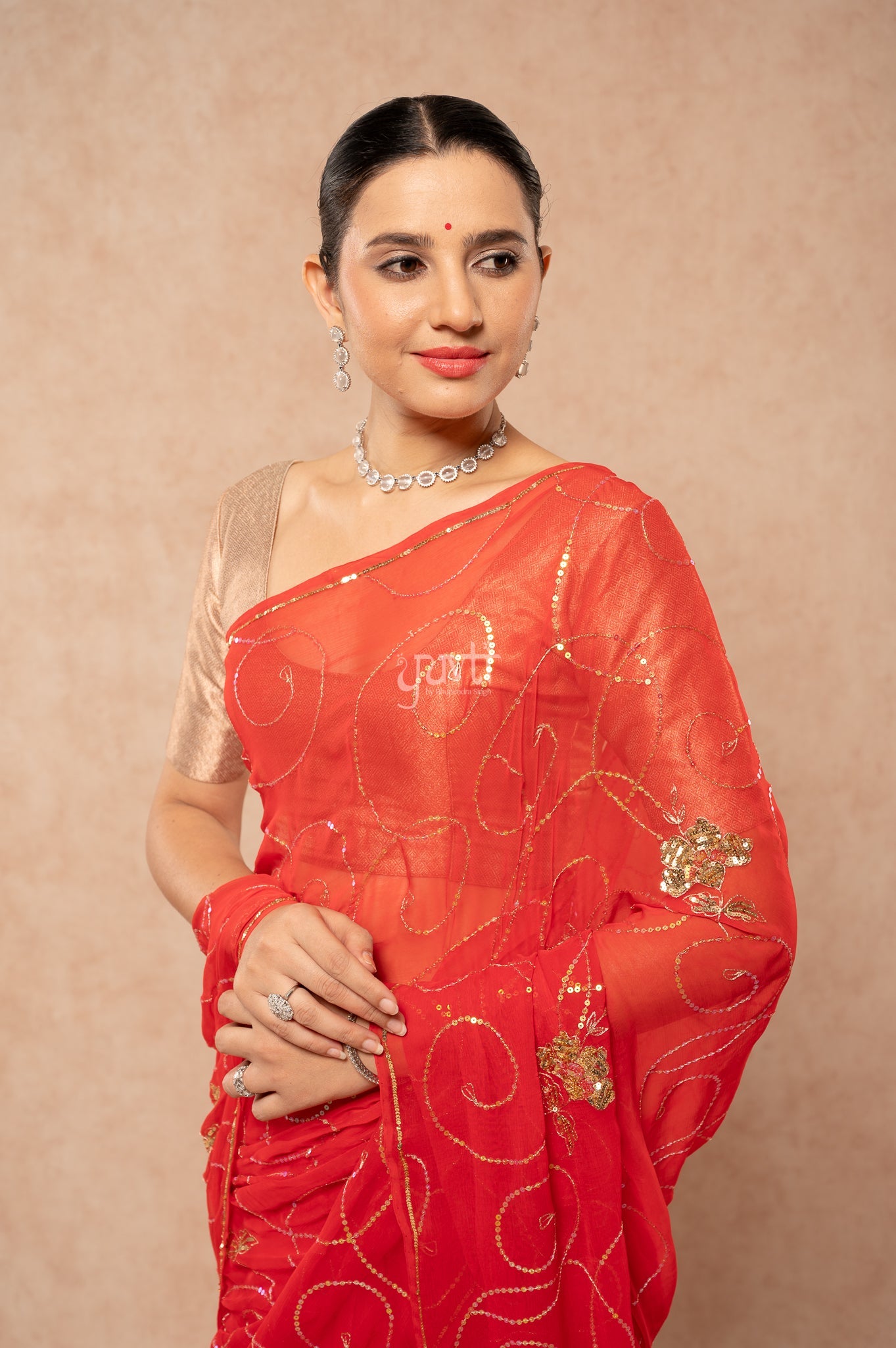 Red Viscose Chiffon Sequins Jaal  Handwork  Saree  with Blouse