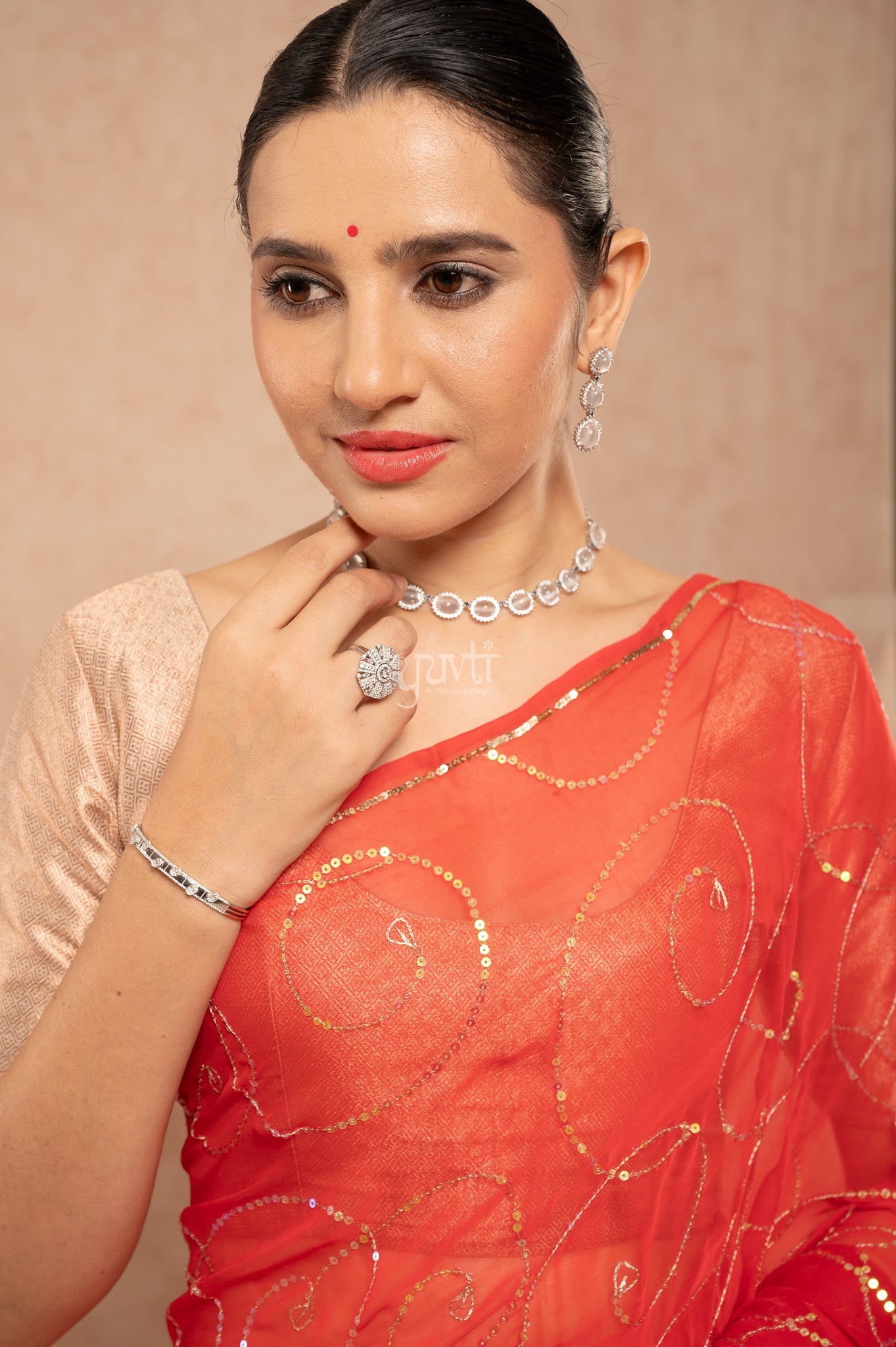 Red Viscose Chiffon Sequins Jaal  Handwork  Saree  with Blouse