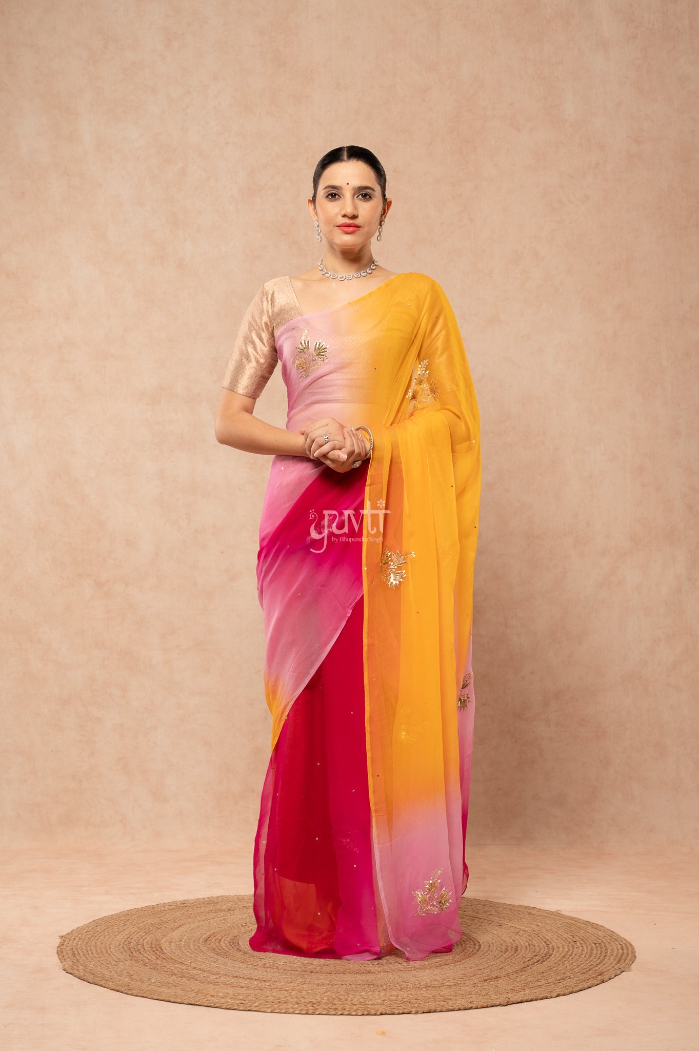 Multi Viscose Chiffon Aari Sequins Motifs ( Butti ) Handwork  Saree
