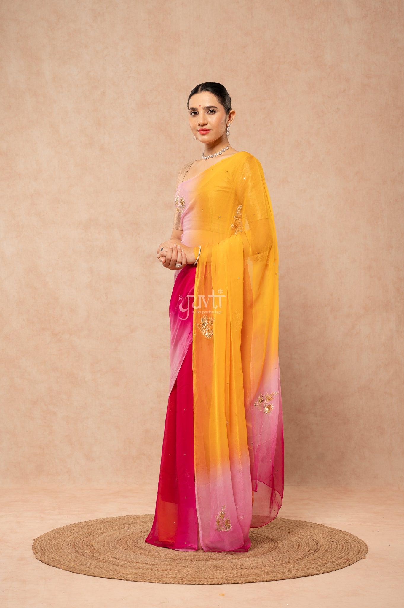 Multi Viscose Chiffon Aari Sequins Motifs ( Butti ) Handwork  Saree