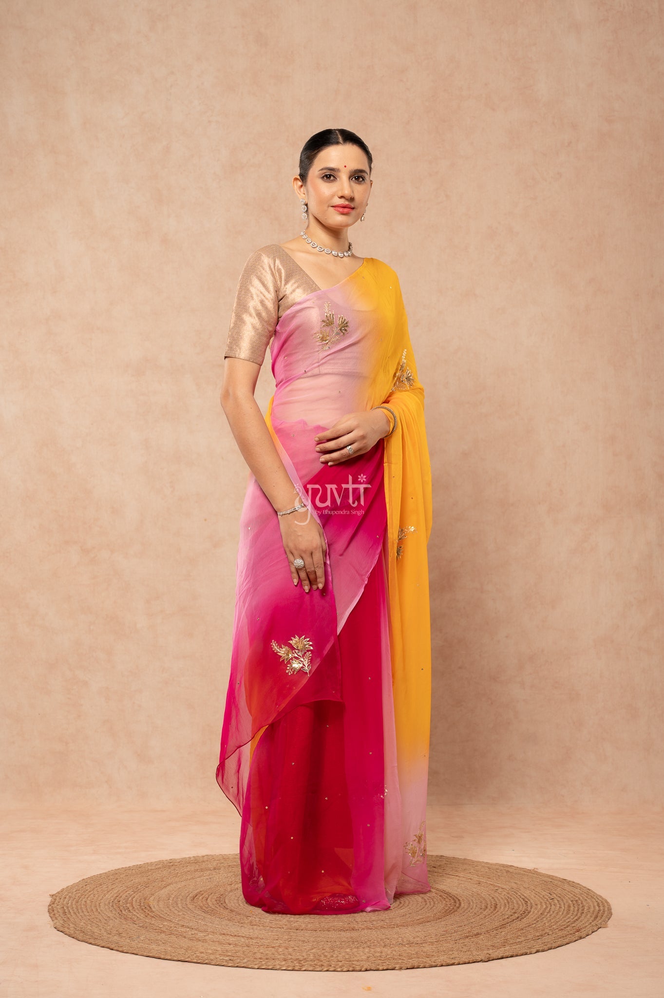 Multi Viscose Chiffon Aari Sequins Motifs ( Butti ) Handwork  Saree
