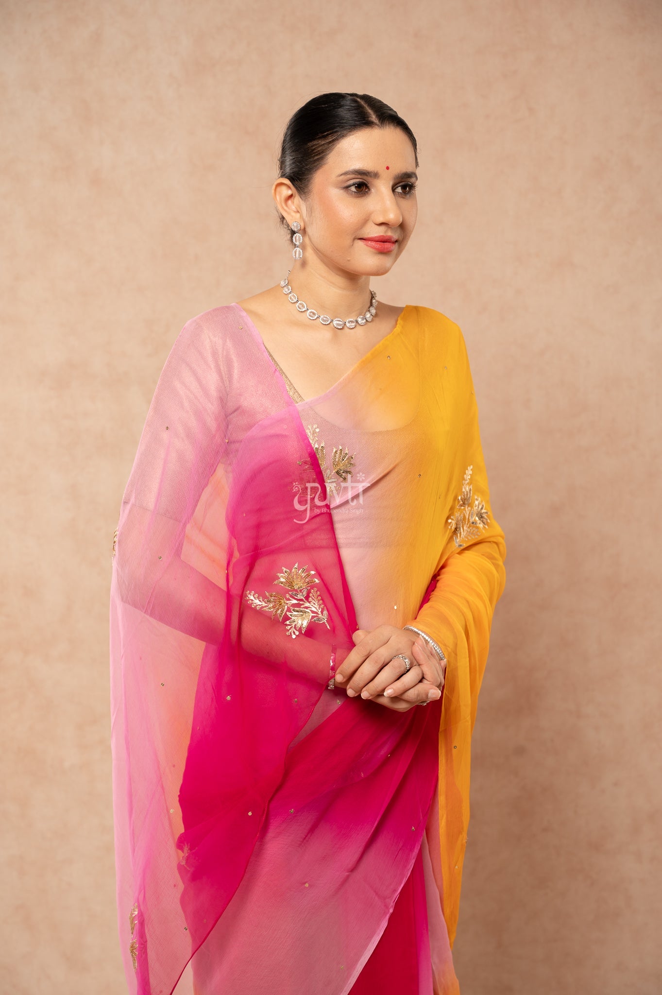 Multi Viscose Chiffon Aari Sequins Motifs ( Butti ) Handwork  Saree