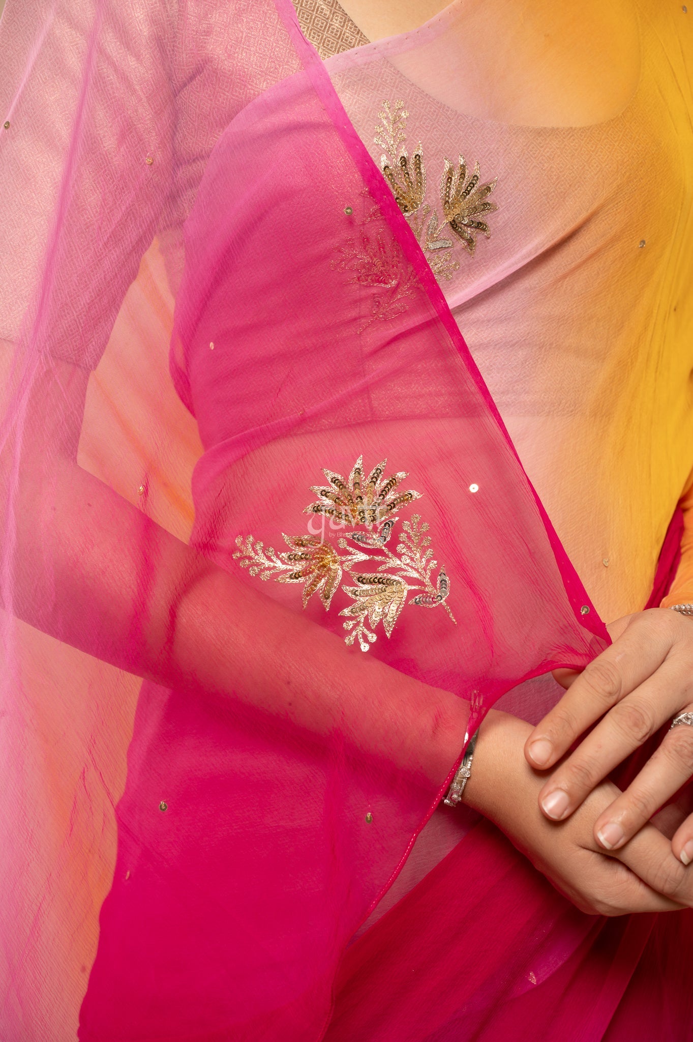 Multi Viscose Chiffon Aari Sequins Motifs ( Butti ) Handwork  Saree