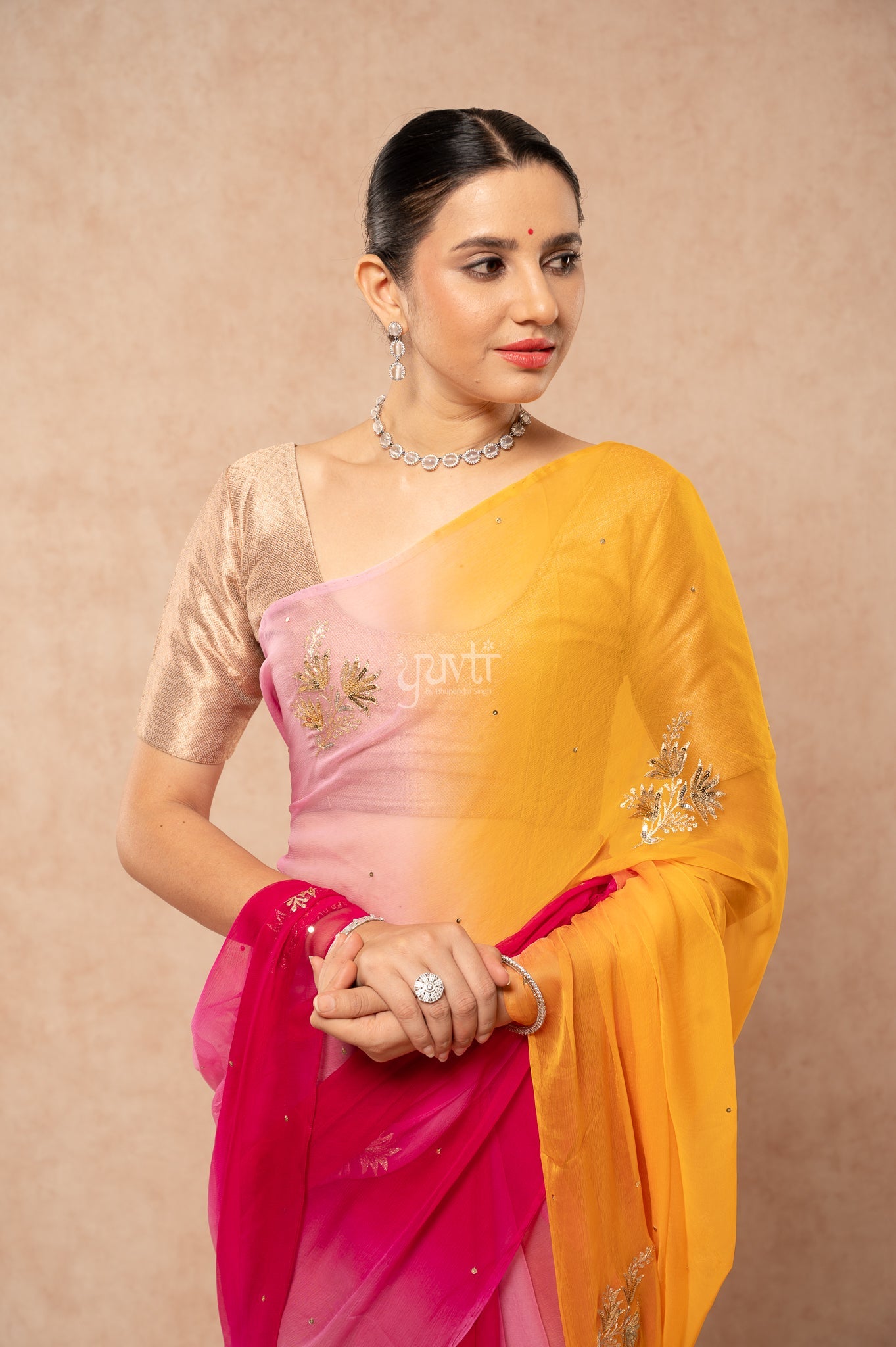 Multi Viscose Chiffon Aari Sequins Motifs ( Butti ) Handwork  Saree