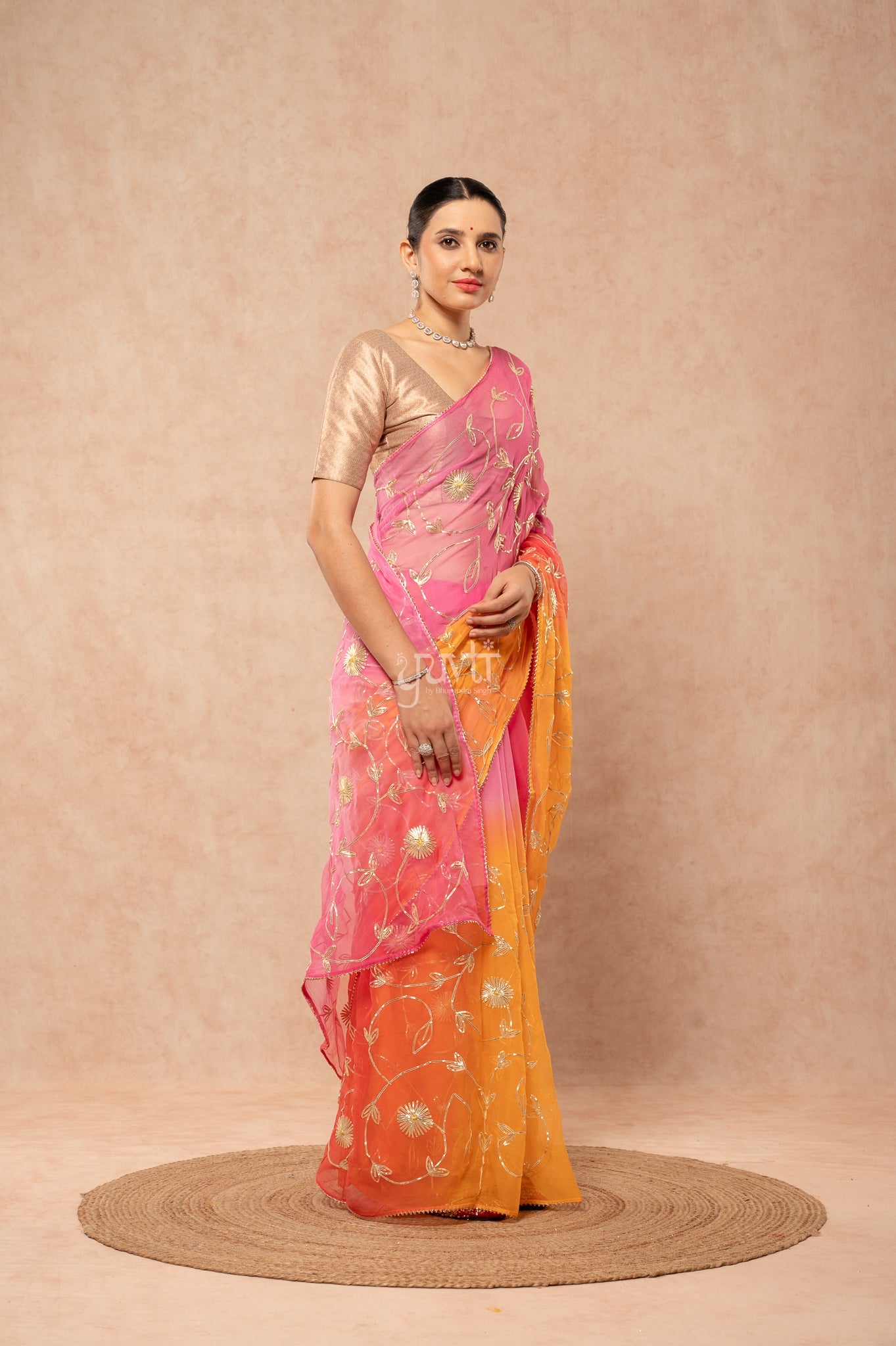 Rani Pink Yellow Multi Viscose Chiffon Sikhiya Gotta Jaal   Saree