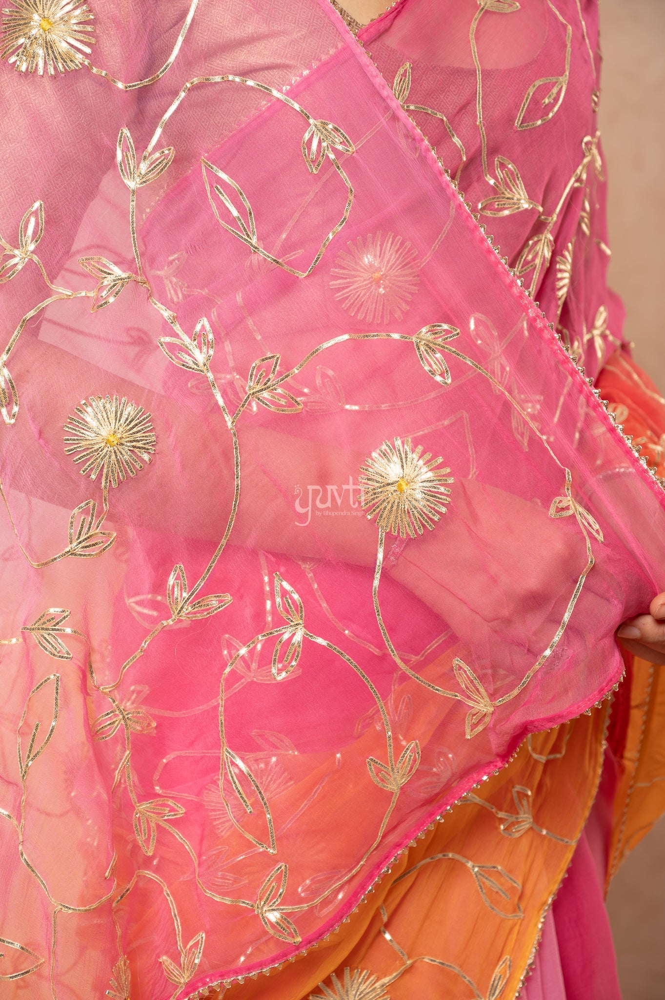 Rani Pink Yellow Multi Viscose Chiffon Sikhiya Gotta Jaal   Saree