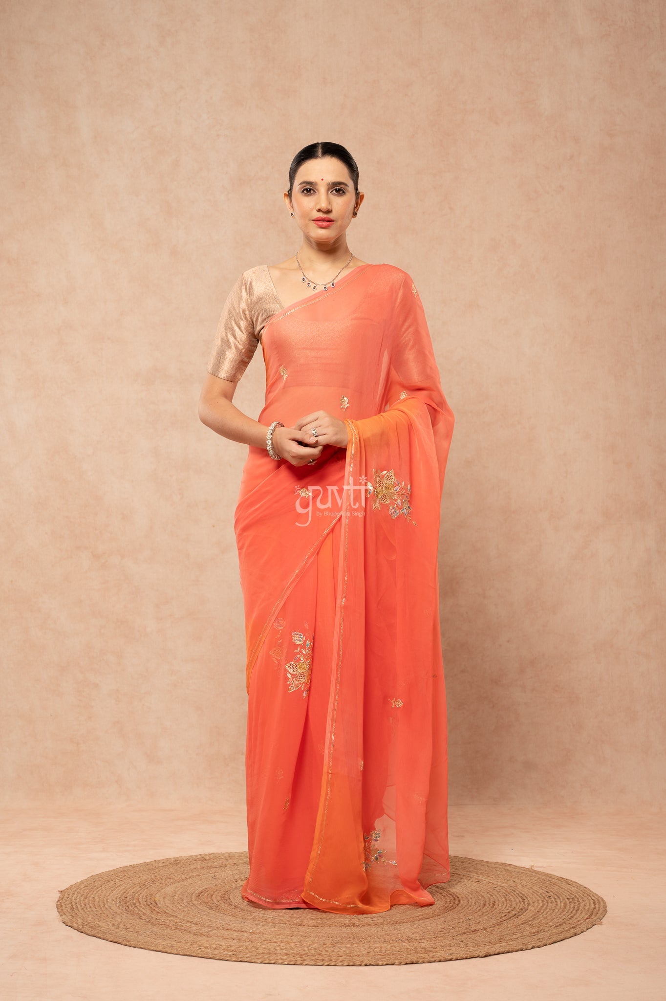 Gajri Orange Viscose Chiffon Aari Sequins Cut Work Motif (Butti) Handwork  Saree