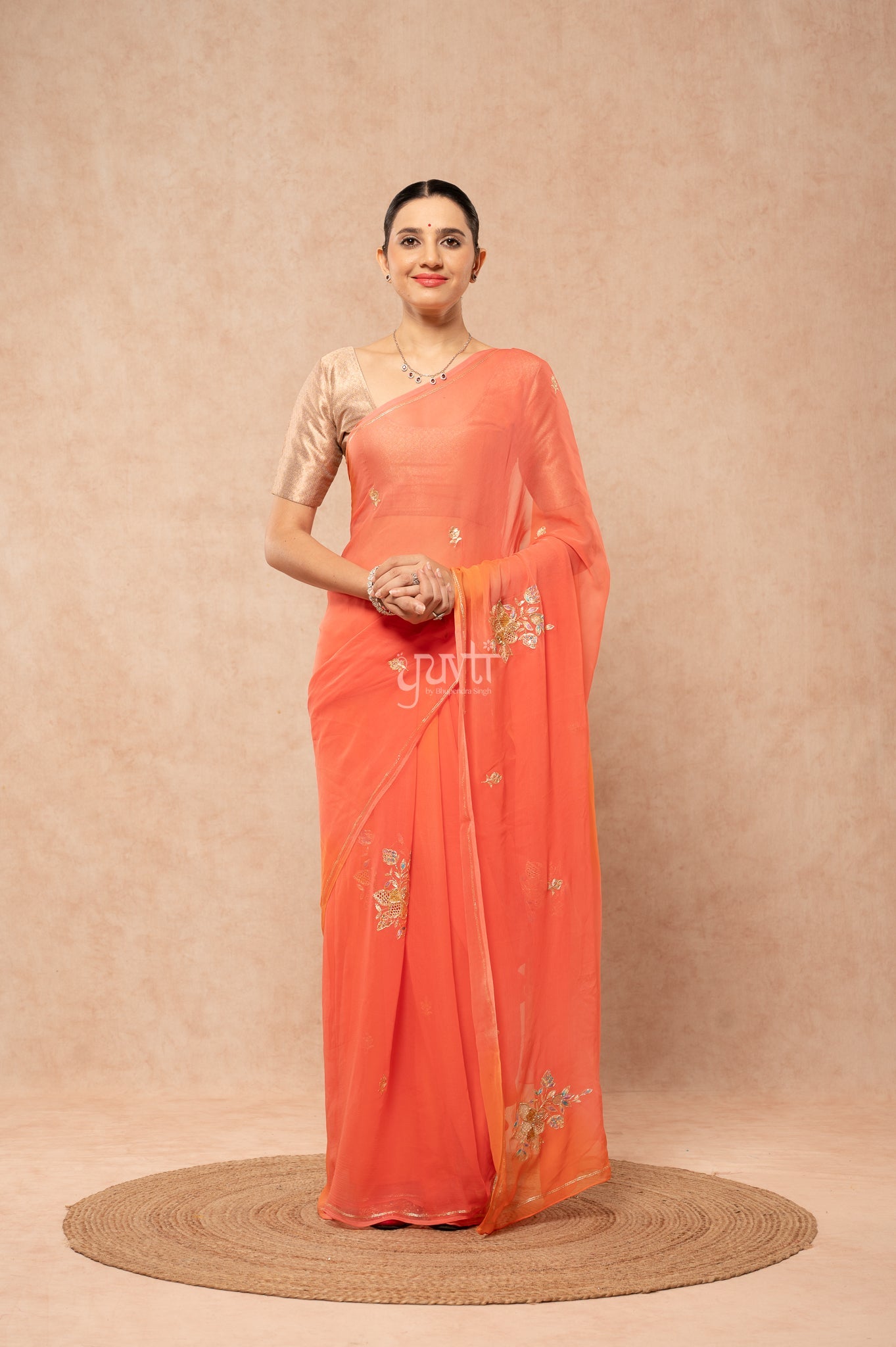 Gajri Orange Viscose Chiffon Aari Sequins Cut Work Motif (Butti) Handwork  Saree