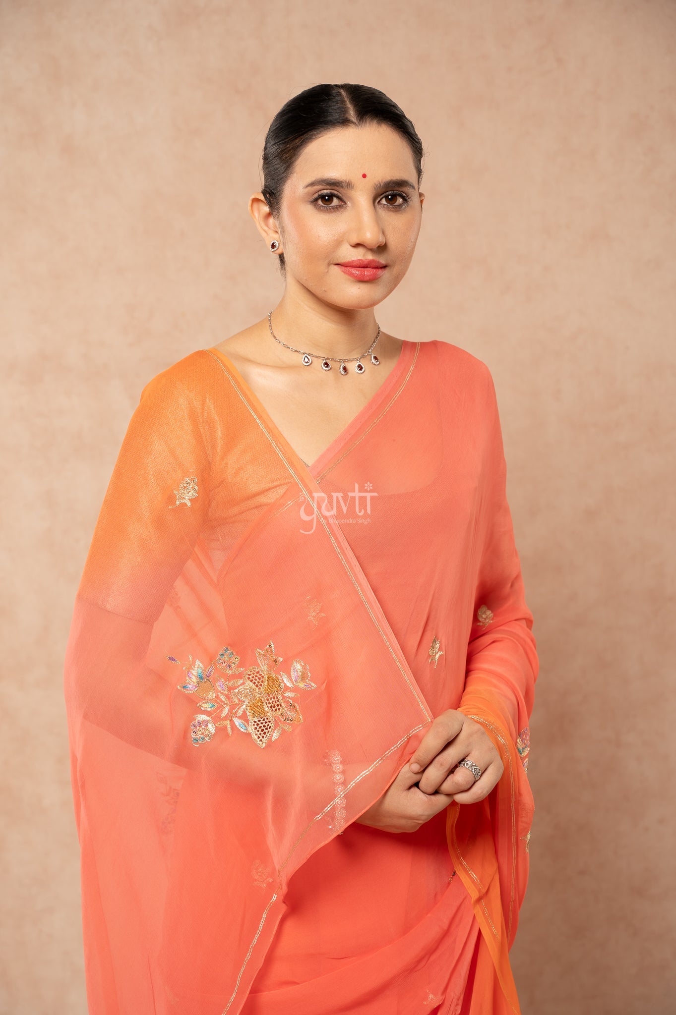 Gajri Orange Viscose Chiffon Aari Sequins Cut Work Motif (Butti) Handwork  Saree