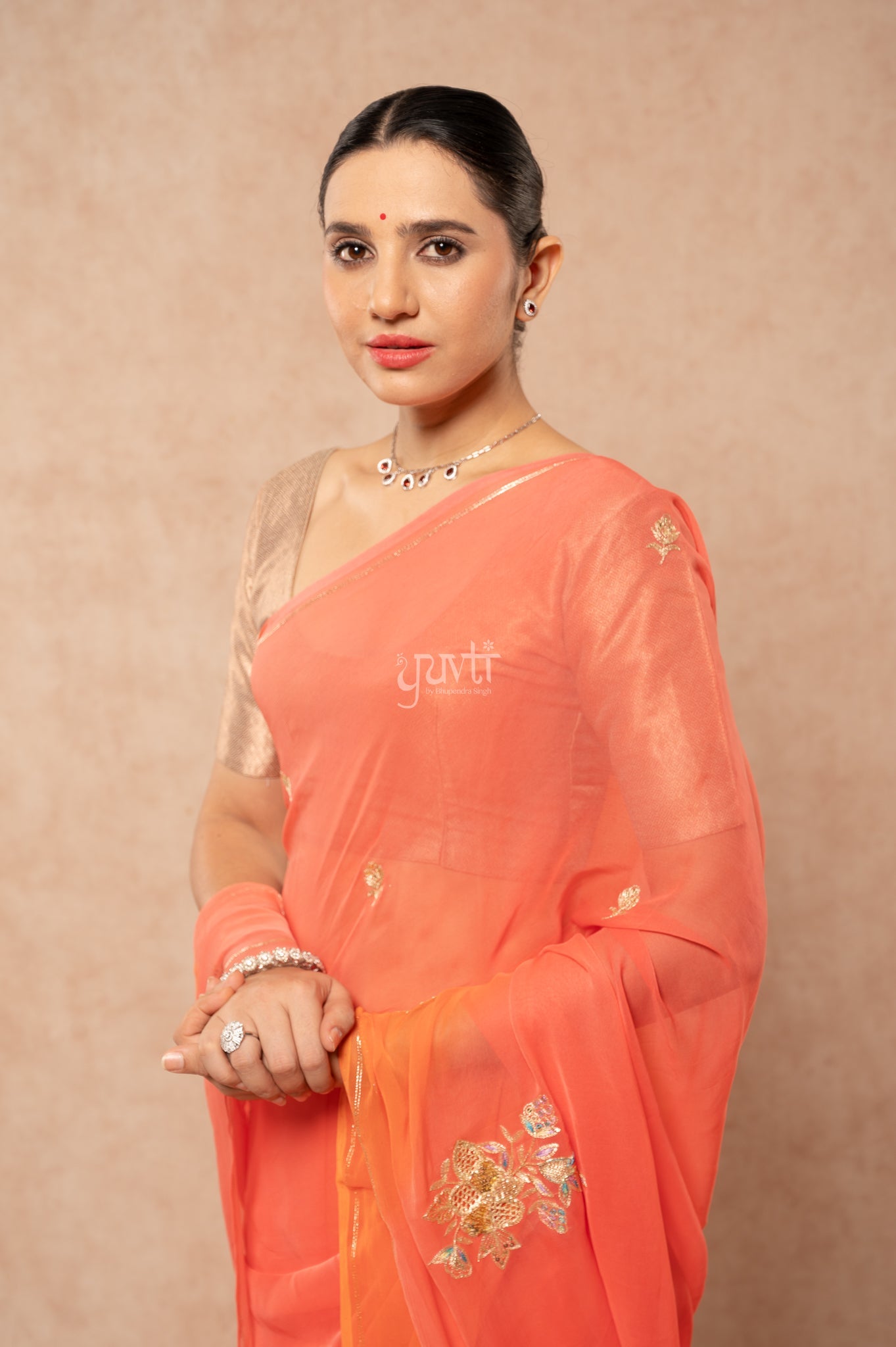 Gajri Orange Viscose Chiffon Aari Sequins Cut Work Motif (Butti) Handwork  Saree