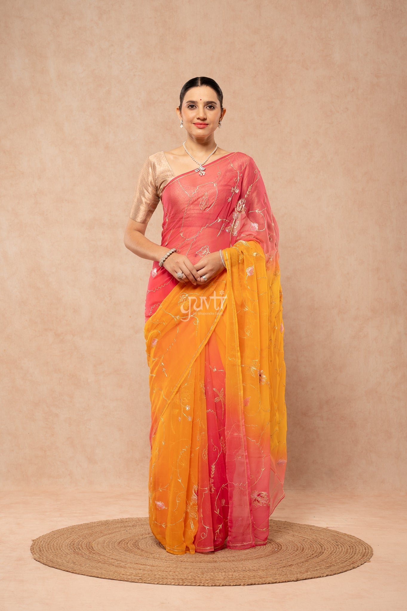 Grey Pink Viscose Chiffon Aari Sequins Kardana Handwork Party  Saree
