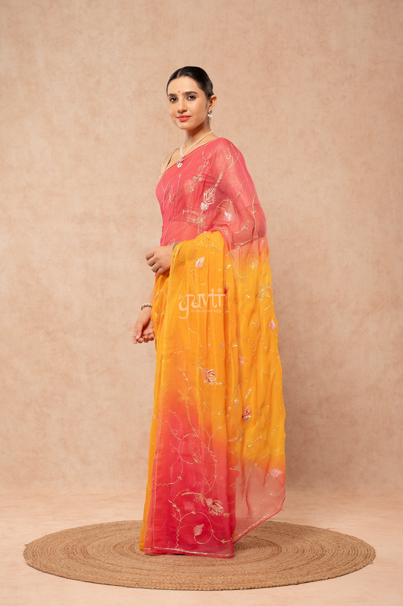 Grey Pink Viscose Chiffon Aari Sequins Kardana Handwork Party  Saree